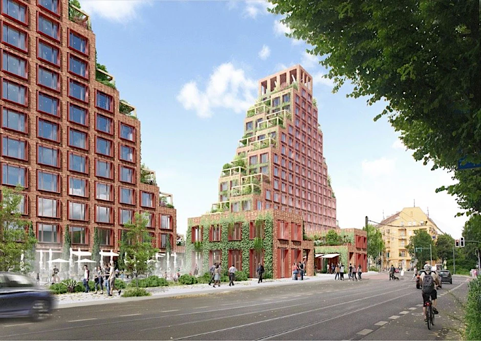 Sollen 16 Geschosse haben: die beiden pyramidenartigen Gebäude an der Eldenaer Straße.