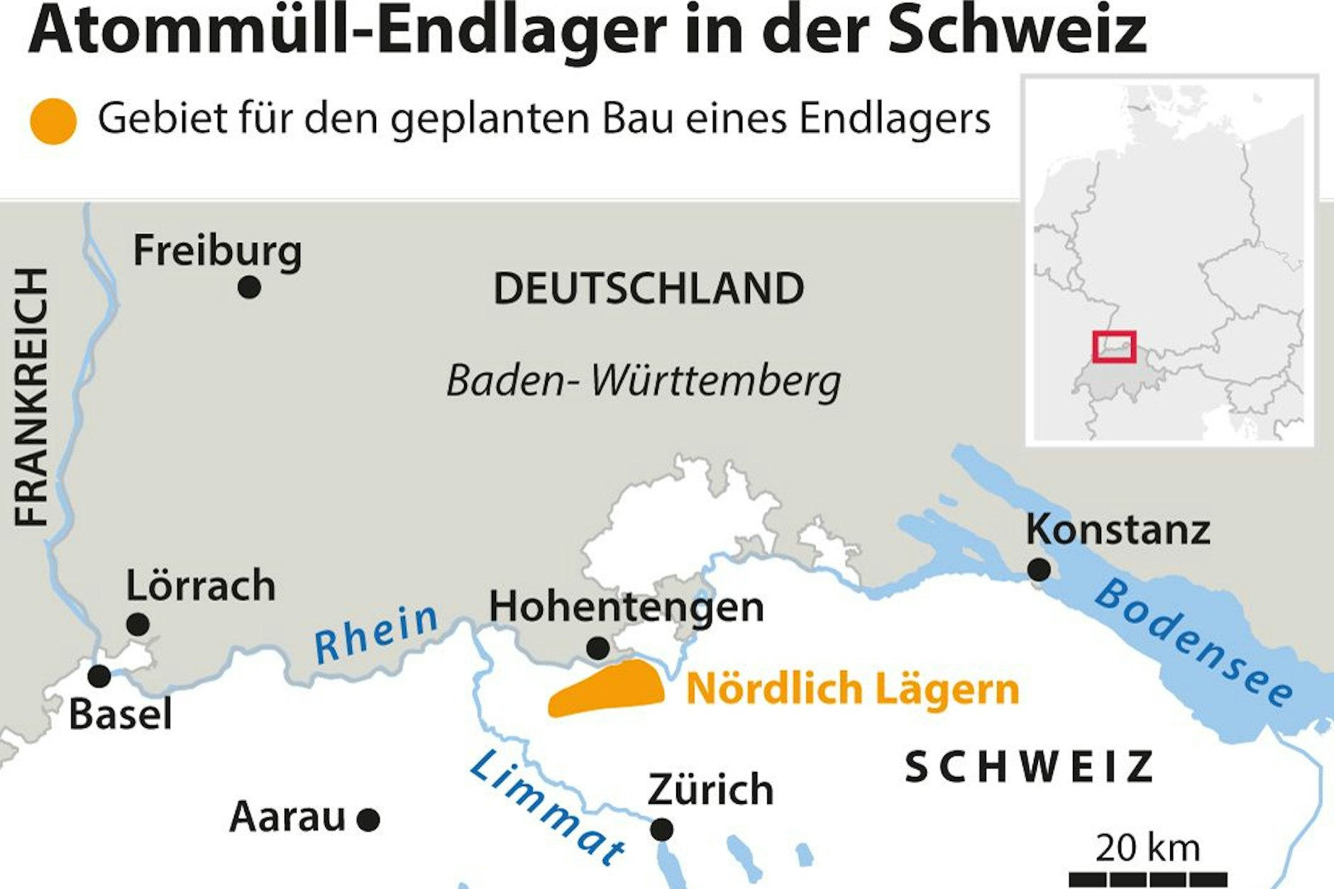 Der gelbe Fleck bezeichnet die Gegend, in der von 2050 die zuständige schweizerische Behörde Atommüll endlagern will.