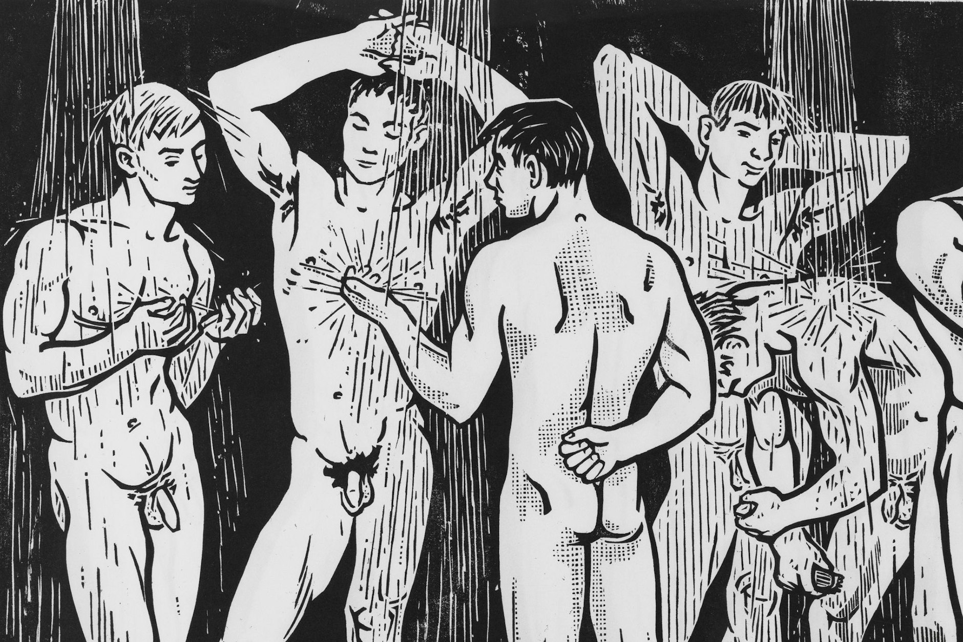 Jürgen Wittdorf: „Unter der Dusche“ (Ausschnitt), 1964, Holzschnitt, Zyklus „Jugend und Sport“