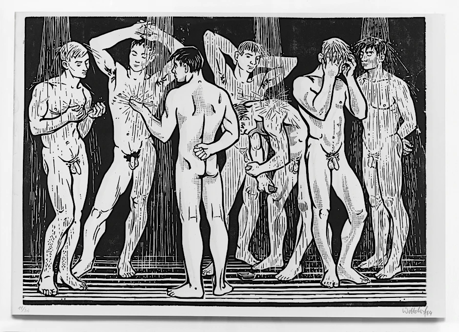 Jürgen Wittdorf: „Unter der Dusche“ (Ausschnitt), 1964, Holzschnitt, Zyklus „Jugend und Sport“