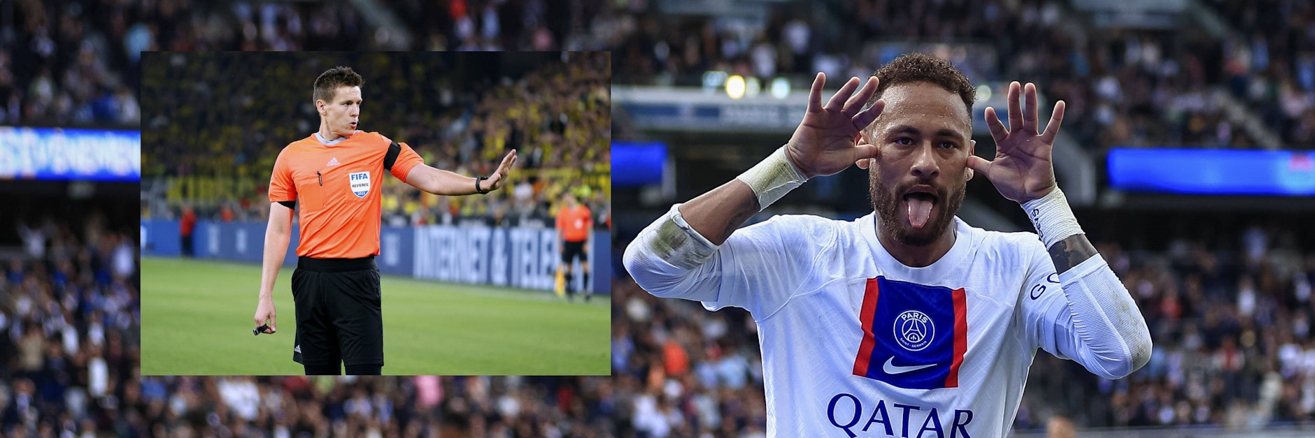 Superstar Neymar und sein Clownsjubel: Der Brasilianer sieht sich mal wieder als Opfer, attackiert Berlins Schiedsrichter Daniel Siebert (l.).&nbsp;