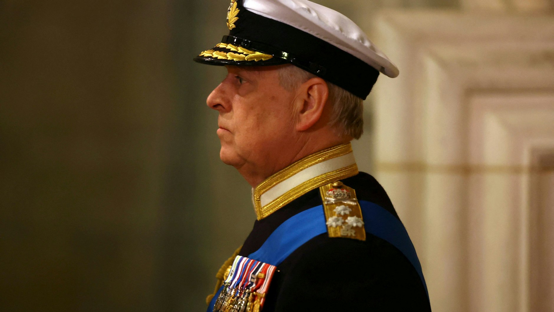 Britain's Prince Andrew attends a vigil for Queen Elizabeth II, as she lies in state on the catafalque in Westminster Hall, at the Palace of Westminster, London, Friday Sept. 16, 2022. (Hannah McKay/Pool Photo via AP)