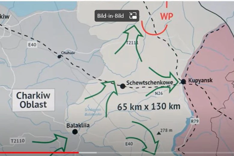 Die grünen Pfeile zeigen die Bewegung der ukrainischen Streitkräfte. Die rote Markierung mit WP zeigt die Fluchtbewegung der russischen Armee. Die helle Fläche ist das zurückgewonnene Gebiet. Rot ist das von den Russen besetzte ukrainische Staatsgebiet markiert.&nbsp;
