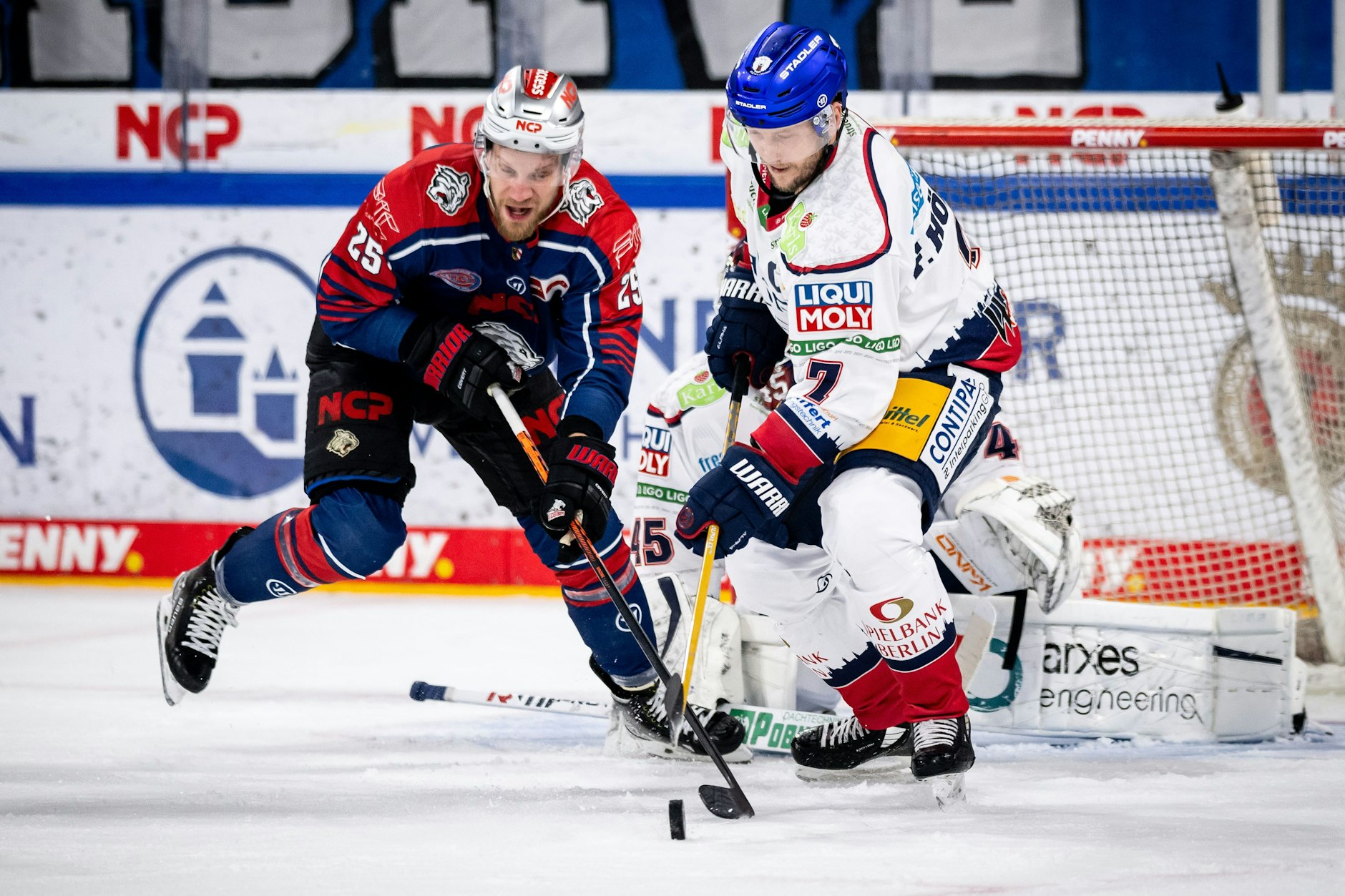 Frank Hördler (r.), Kapitän der Eisbären Berlin, schnappt Nürnbergs Daniel Schmölz den Puck weg.