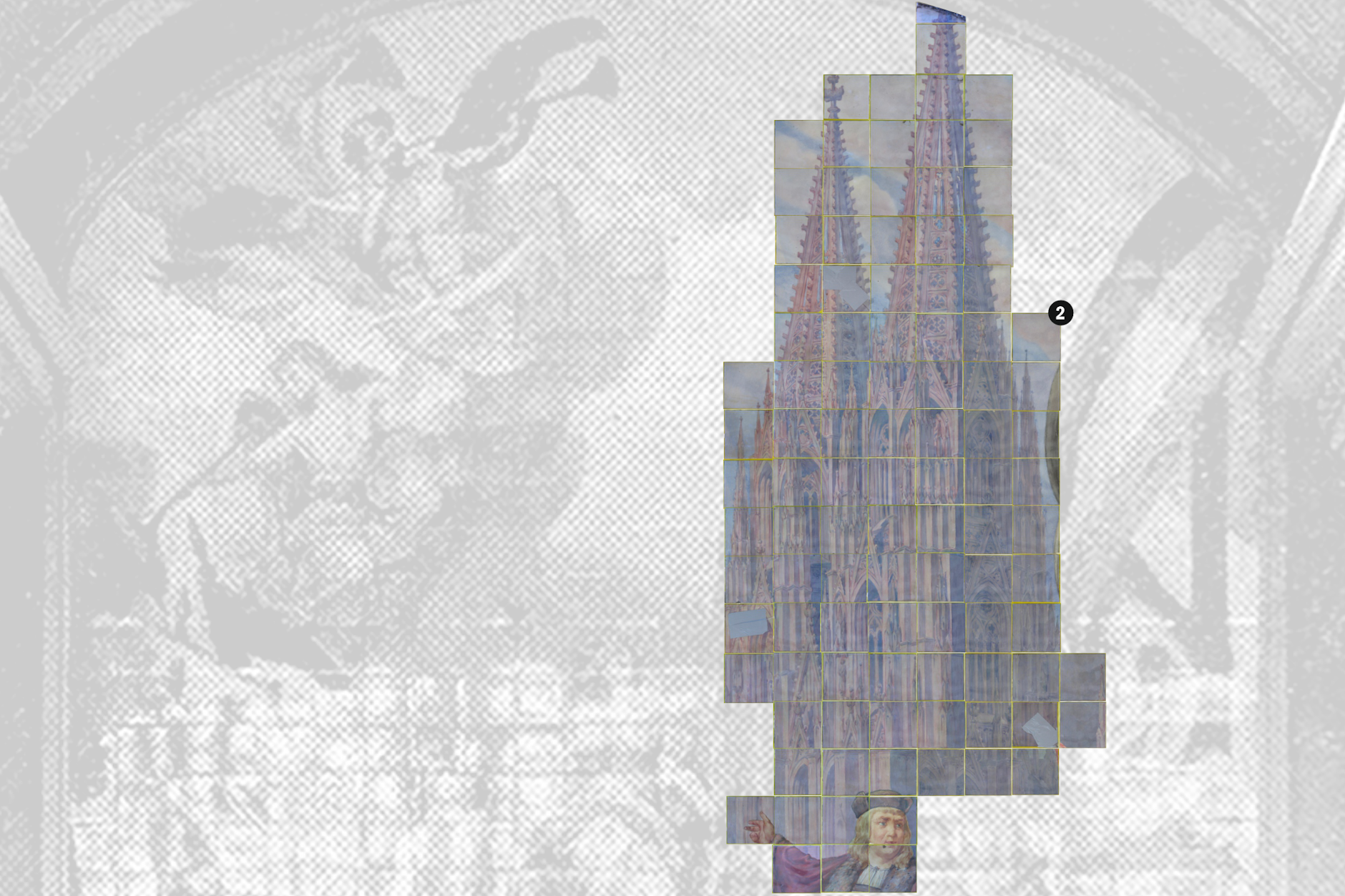 Der Kölner Dom im Bild. Der Herr direkt darunter soll wohl Dombaumeister Gerhard von Rile darstellen.