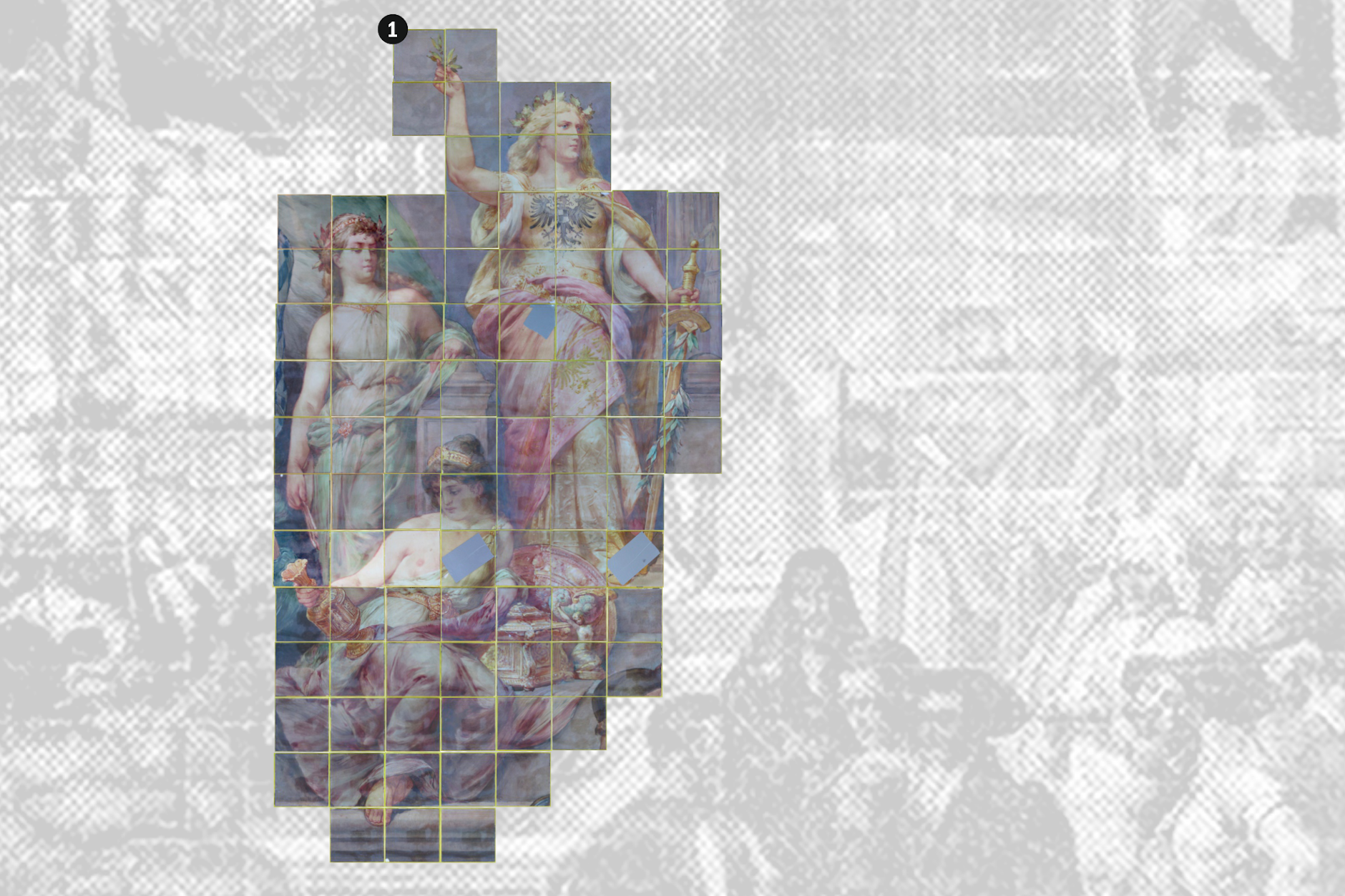 Die Göttin Germania mit zwei allegorischen Ehrendamen, die Kunst und Industrie verkörpern könnten. Oder freie und angewandte Kunst. Oder Wissenschaft und Kunst.