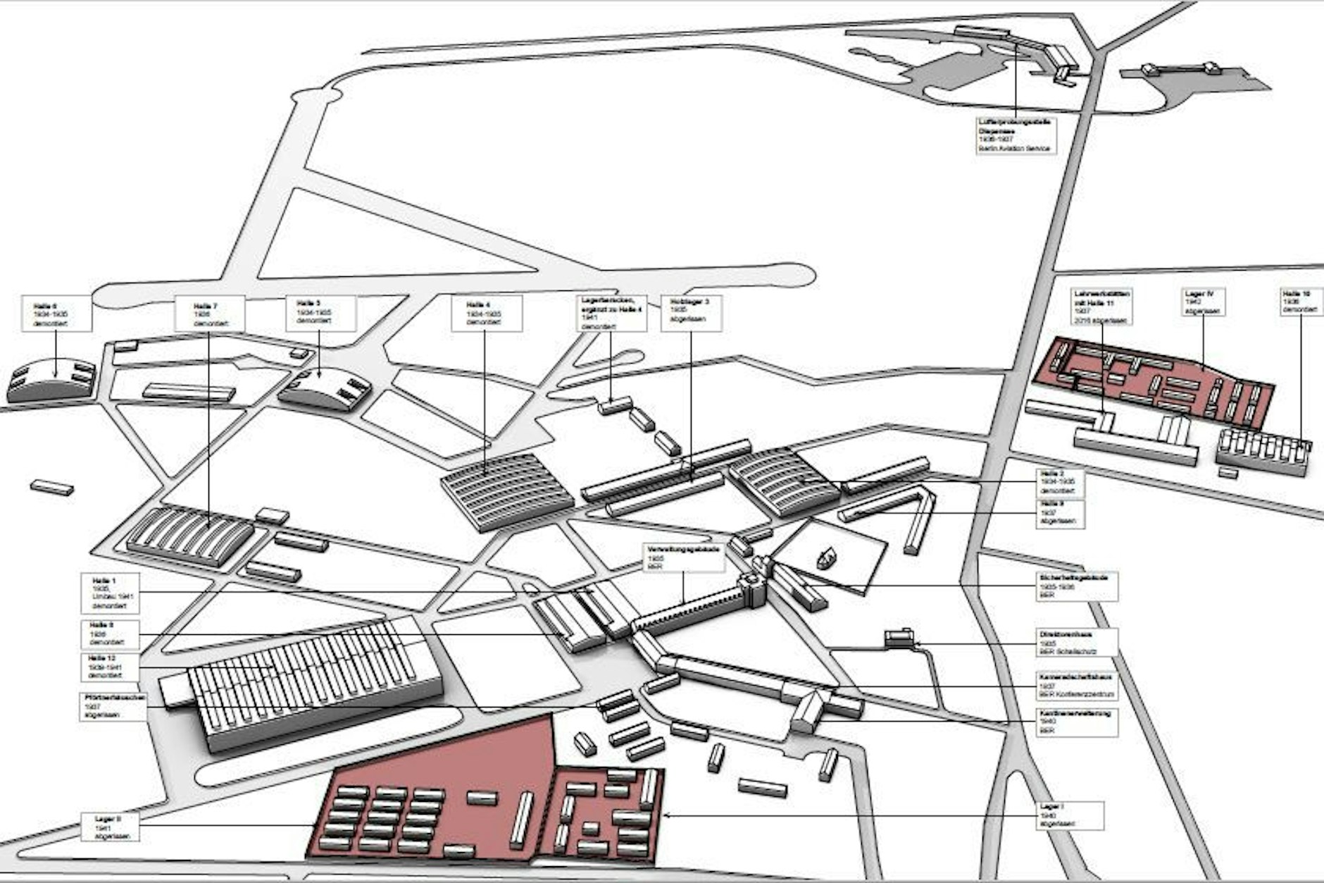 Lageplan der Henschel Flugzeug-Werke. Trapezförmig in der unteren Mitte das Verwaltungsgebäude. Die großen Montagehallen gingen nach dem Krieg als Reparation in die Sowjetunion. Farbig markiert die Zwangsarbeiterlager.