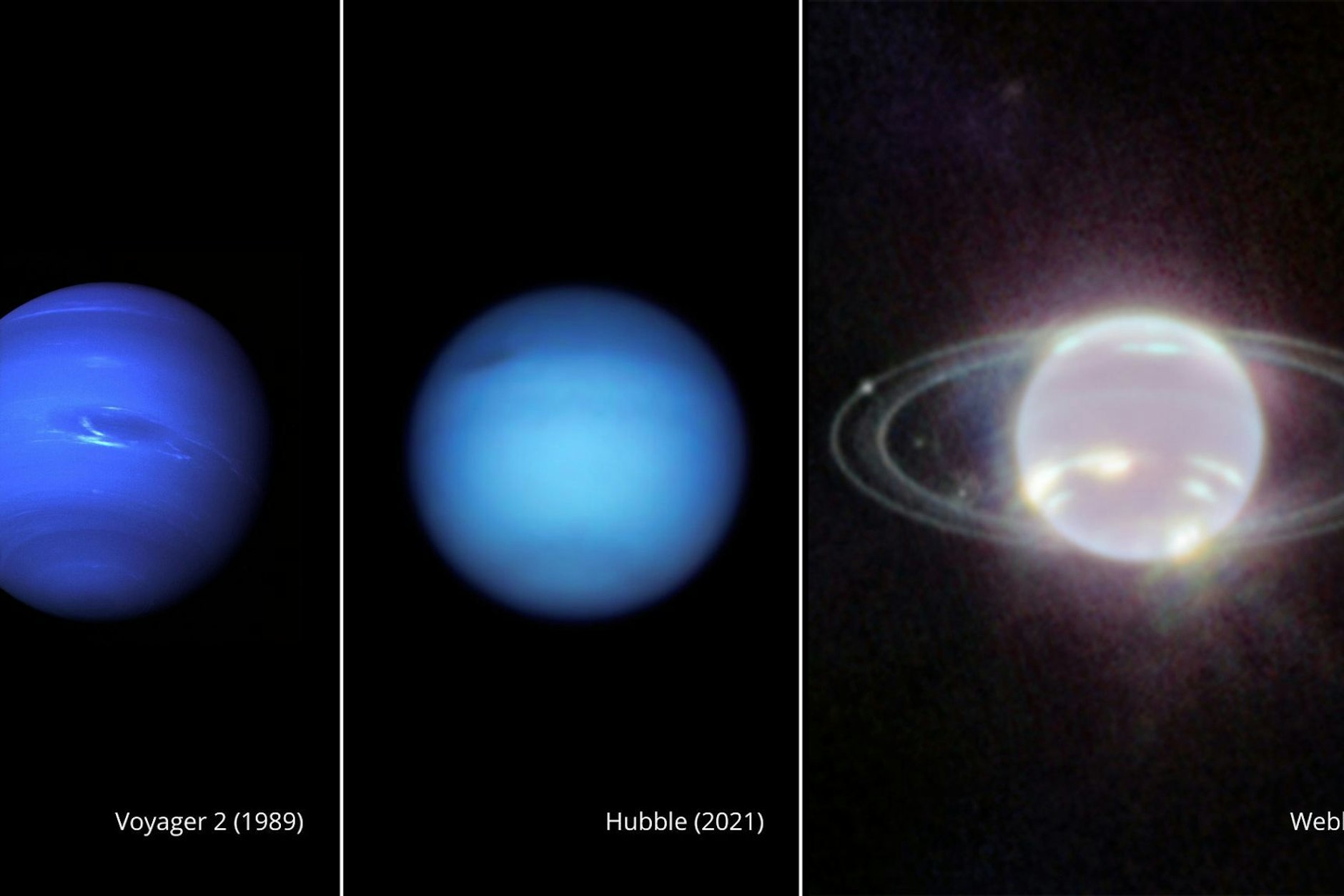 Drei Aufnahmen des Neptun. Von links: ein Foto von Neptun, aufgenommen von Voyager 2 im Jahr 1989, Hubble im Jahr 2021 und Webb im Jahr 2022.