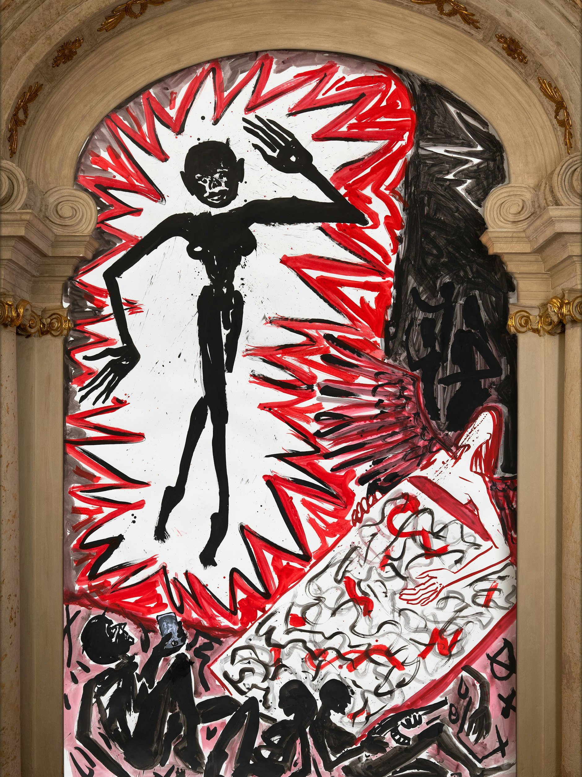 Im barocken Sandsteinrahmen: Helge Leibergs ketzerisches „Stigma“, Tusche und Collage auf Karton, 2022