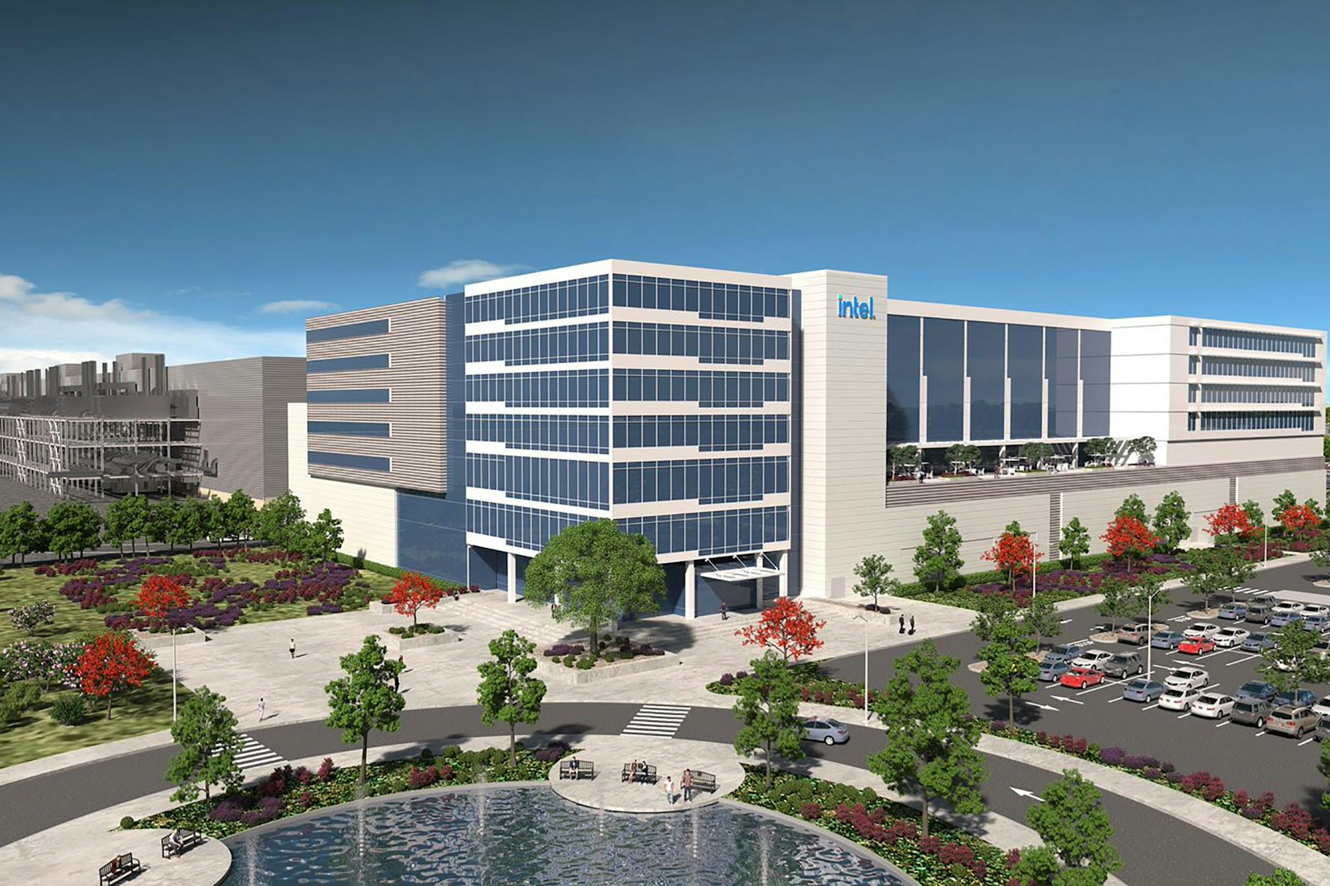 Die Computergrafik zeigt die in Magdeburg geplante Chipfabrik des US-Konzerns Intel.