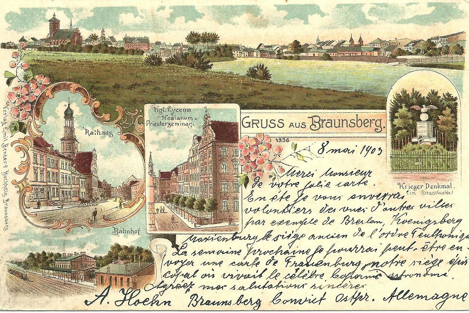 Grußkarte aus Braunsberg, wo Josef Wiener 1866 geboren wurde und es auch eine kleine jüdische Gemeinde gab.