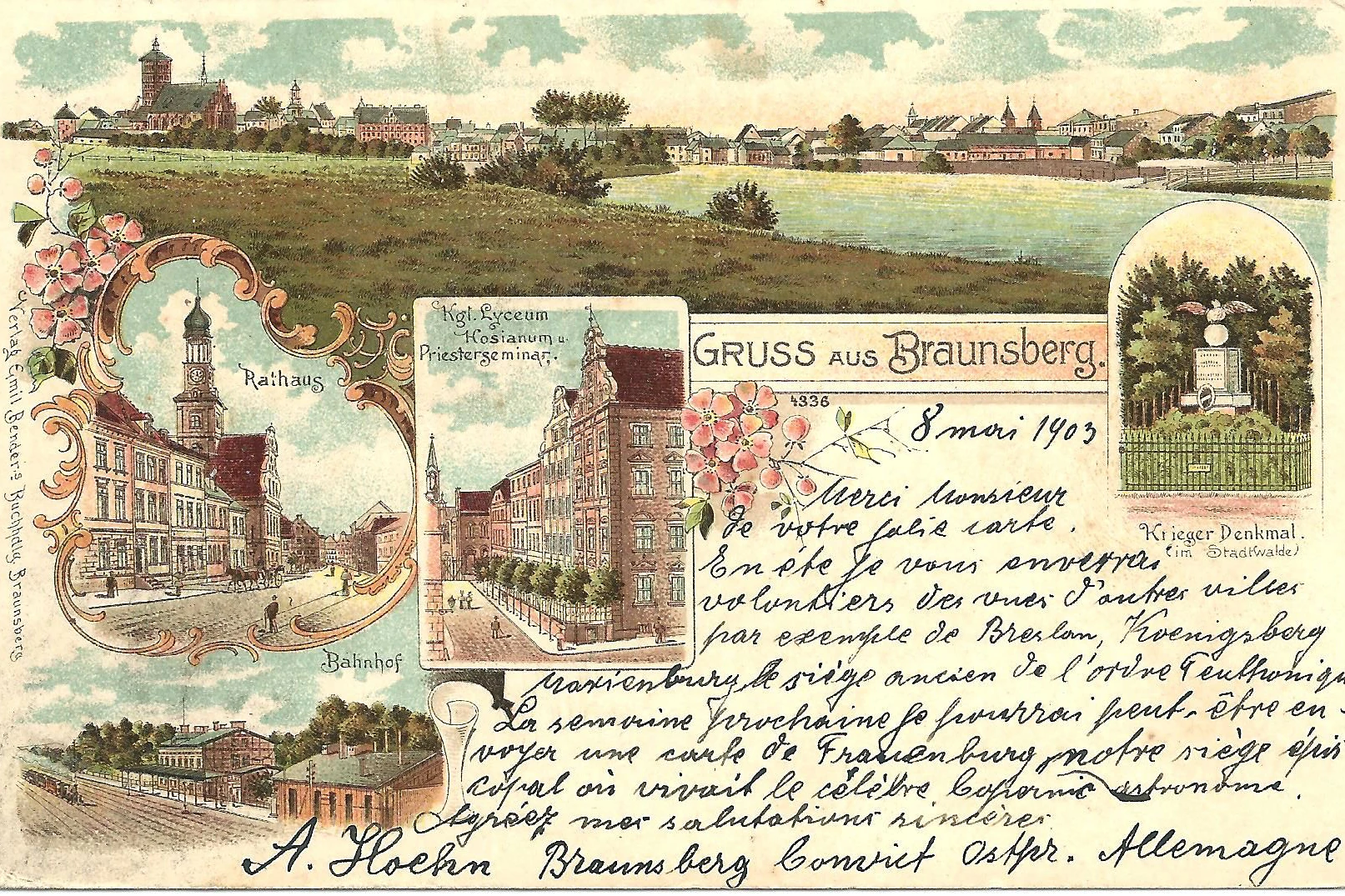 Grußkarte aus Braunsberg, wo Josef Wiener 1866 geboren wurde und es auch eine kleine jüdische Gemeinde gab.