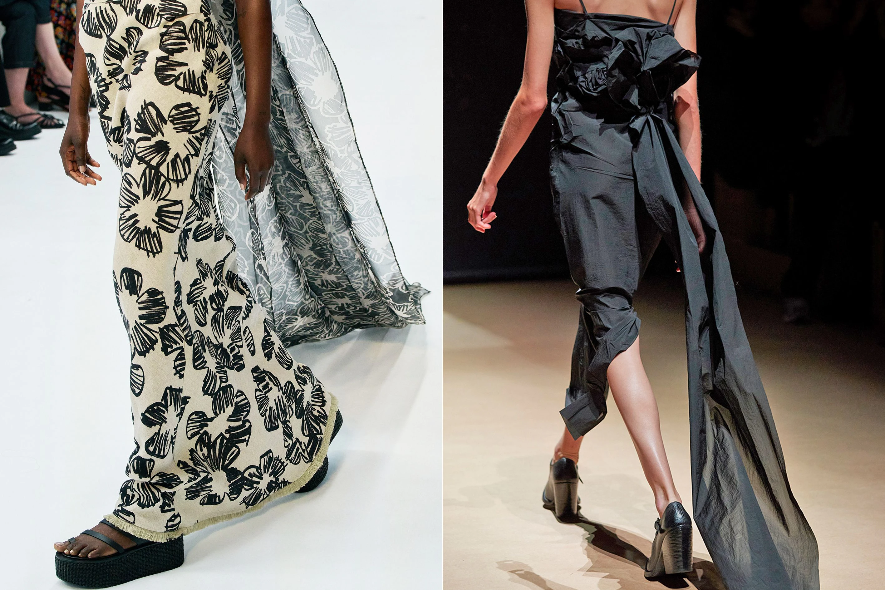 Ein Relikt aus alten Zeiten begeistert die Modedesigner: die Schleppe. In ihrer modernen Version ist sie schmal und aus leichtem Stoff. Links am Sommerkleid von Max Mara, rechts am Cocktaildress von Prada.