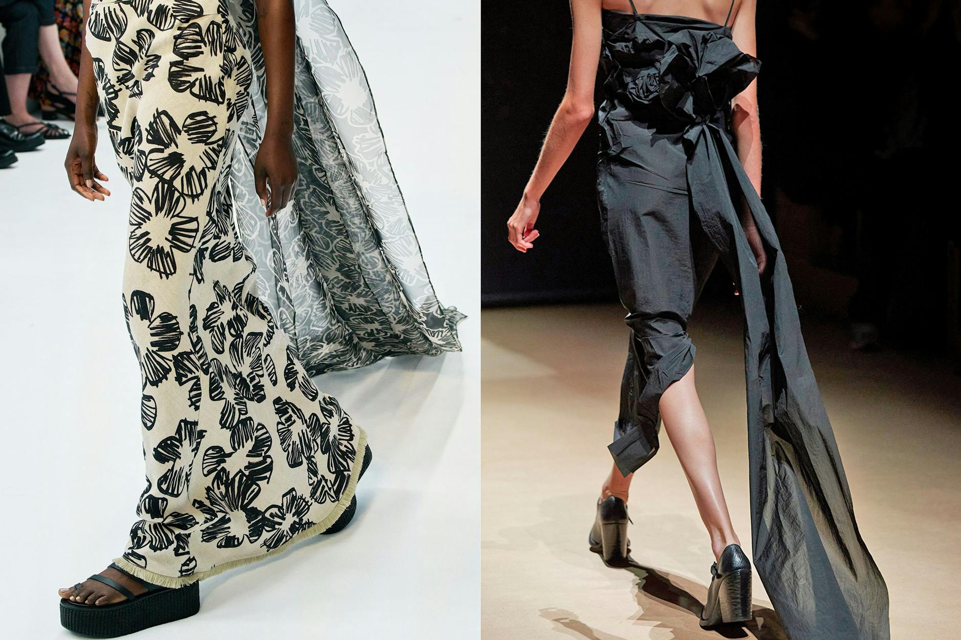 Ein Relikt aus alten Zeiten begeistert die Modedesigner: die Schleppe. In ihrer modernen Version ist sie schmal und aus leichtem Stoff. Links am Sommerkleid von Max Mara, rechts am Cocktaildress von Prada.