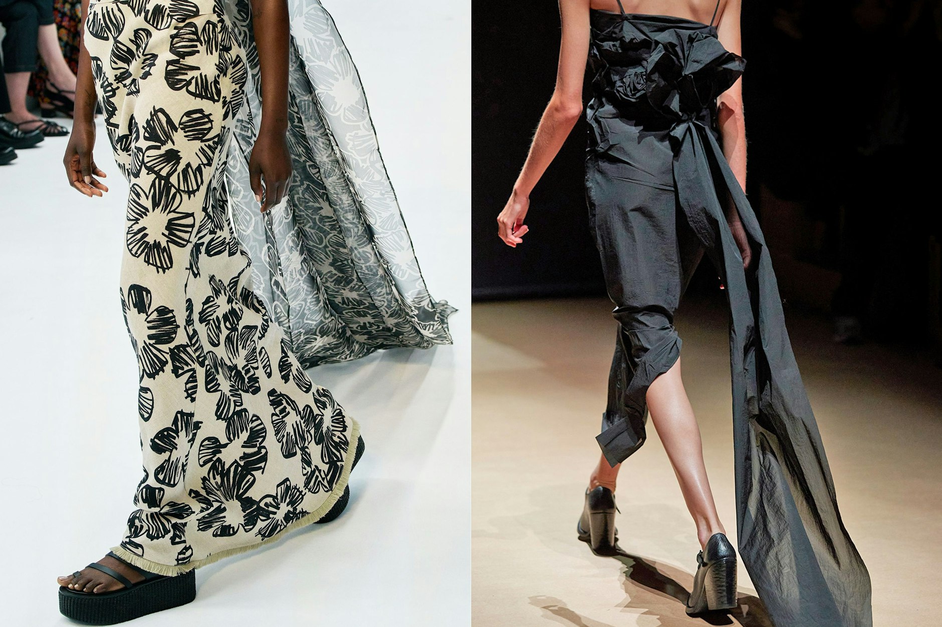 Ein Relikt aus alten Zeiten begeistert die Modedesigner: die Schleppe. In ihrer modernen Version ist sie schmal und aus leichtem Stoff. Links am Sommerkleid von Max Mara, rechts am Cocktaildress von Prada.