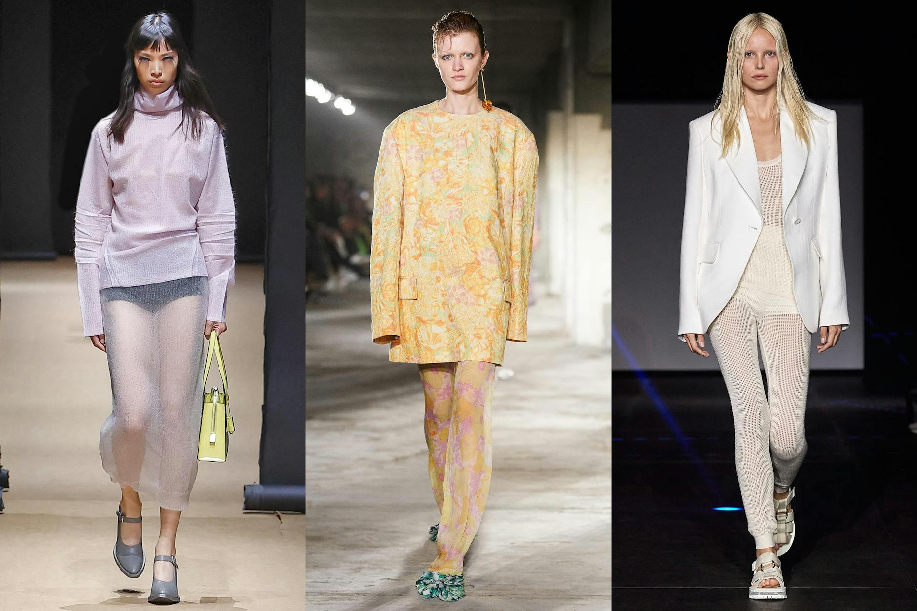 Die Beine nur von einem Hauch von Stoff bedeckt, das sah man bei vielen Designern: Miuccia Prada und Raf Simons machen aus einem smarten Röhrenrock einen sexy Fummel, Dries Van Noten lässt den floralen All-over-Look nach unten durchsichtig werden und Gabriela Hearst von Chloé verarbeitet weißen Netzstoff für eine Bündchenhose mit Top.