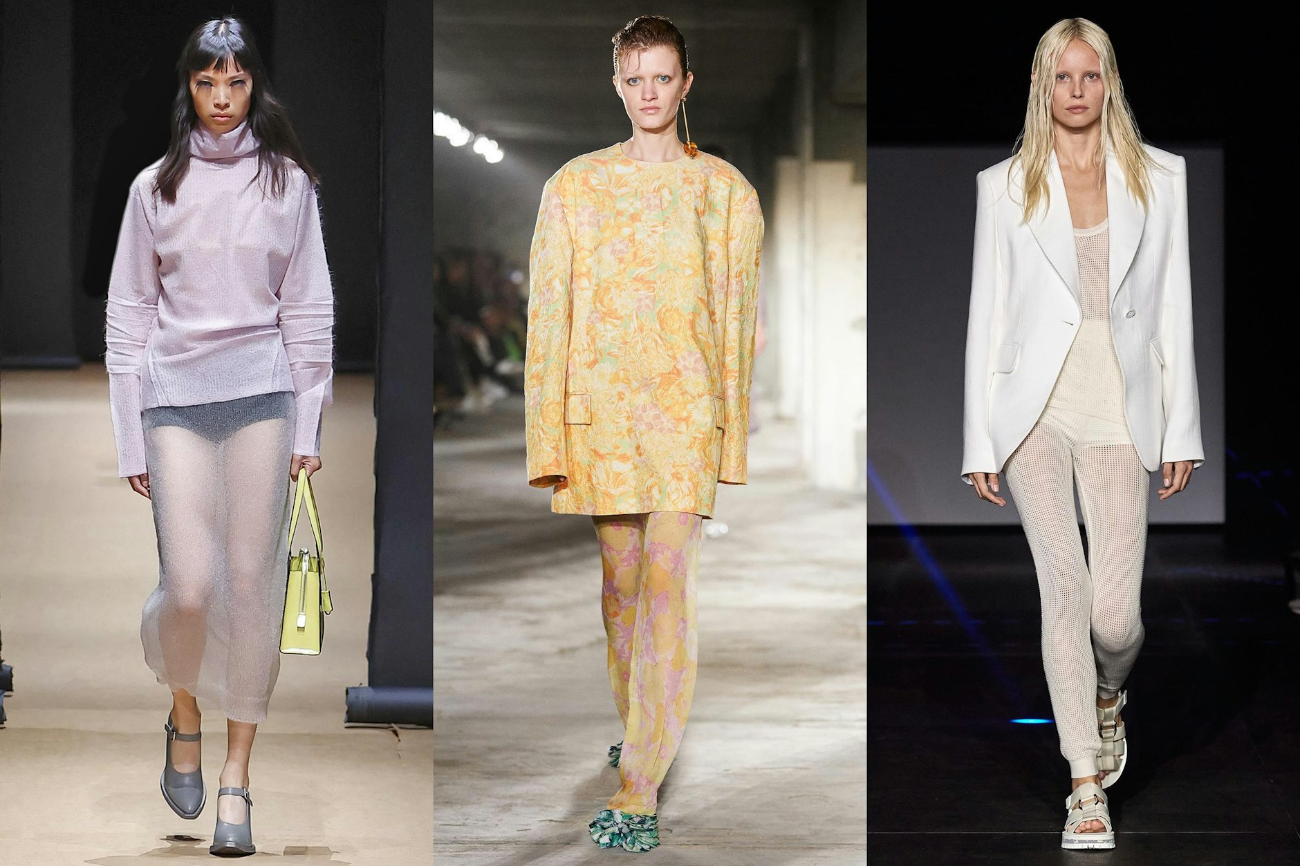 Die Beine nur von einem Hauch von Stoff bedeckt, das sah man bei vielen Designern: Miuccia Prada und Raf Simons machen aus einem smarten Röhrenrock einen sexy Fummel, Dries Van Noten lässt den floralen All-over-Look nach unten durchsichtig werden und Gabriela Hearst von Chloé verarbeitet weißen Netzstoff für eine Bündchenhose mit Top.