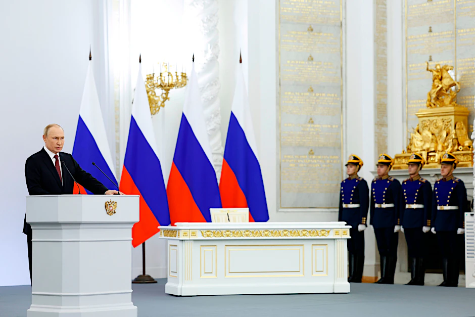 Der russische Präsident Wladimir Putin spricht am Freitag, den 30. September 2022, während einer Zeremonie zur Unterzeichnung der Verträge für den Beitritt von vier Regionen der Ukraine zu Russland.&nbsp;&nbsp;