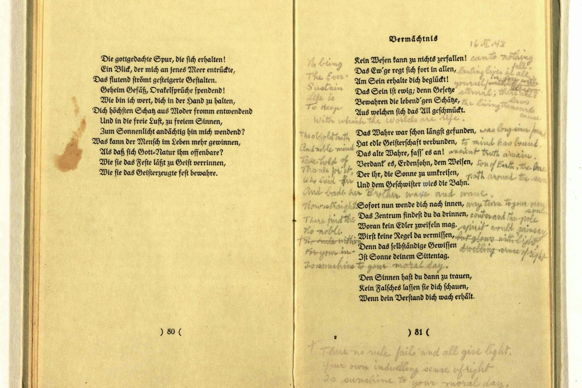 Mildred Harnack übersetzte in der Strafanstalt Berlin-Plötzensee einen Band mit Goethe-Gedichten. Der Pfarrer Harald Poelchau schmuggelte das Buch aus dem Gefängnis. Rebecca Donner nahm dieses Bild in ihr Buch auf.