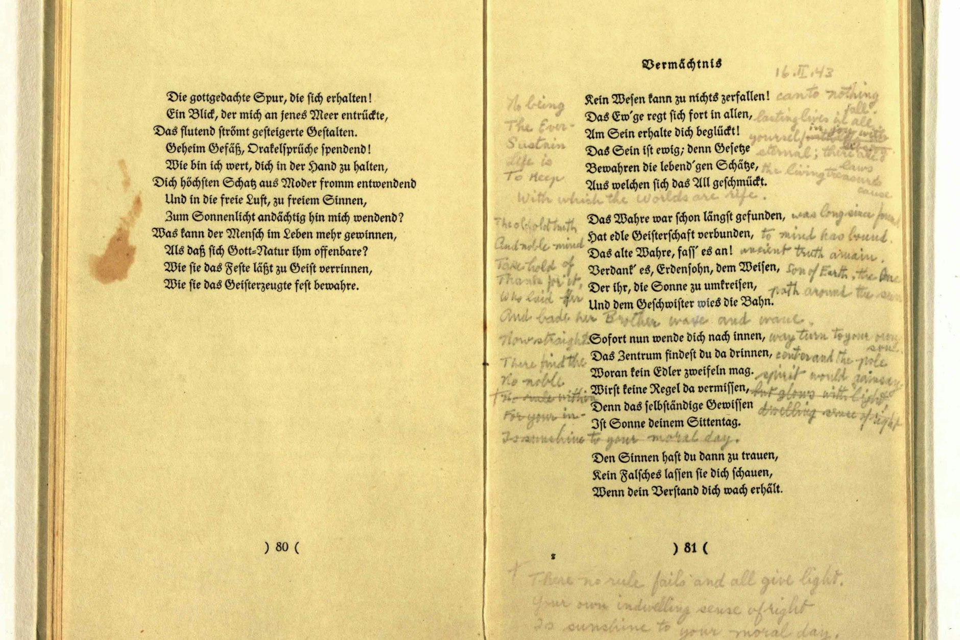 Mildred Harnack übersetzte in der Strafanstalt Berlin-Plötzensee einen Band mit Goethe-Gedichten. Der Pfarrer Harald Poelchau schmuggelte das Buch aus dem Gefängnis. Rebecca Donner nahm dieses Bild in ihr Buch auf.