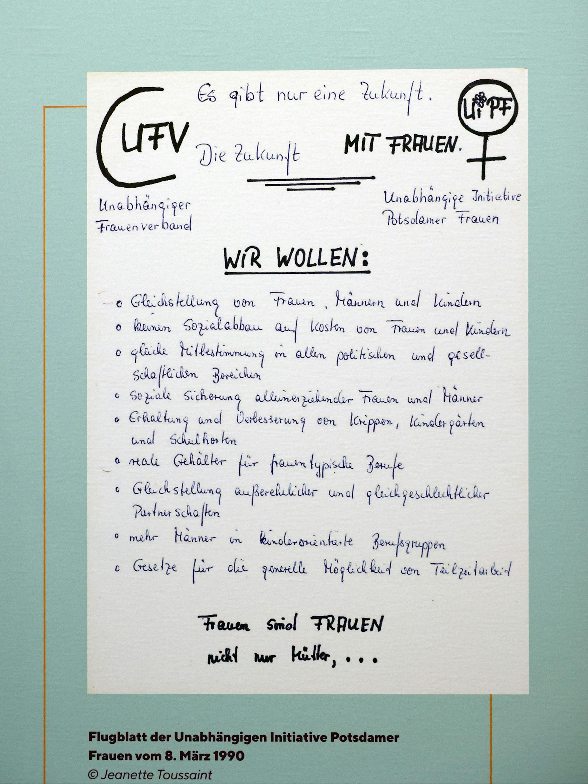 Kleines Flugblatt, große Forderungen: die Ziele der Unabhängigen Initiative Potsdamer Frauen aus dem Jahr 1990.