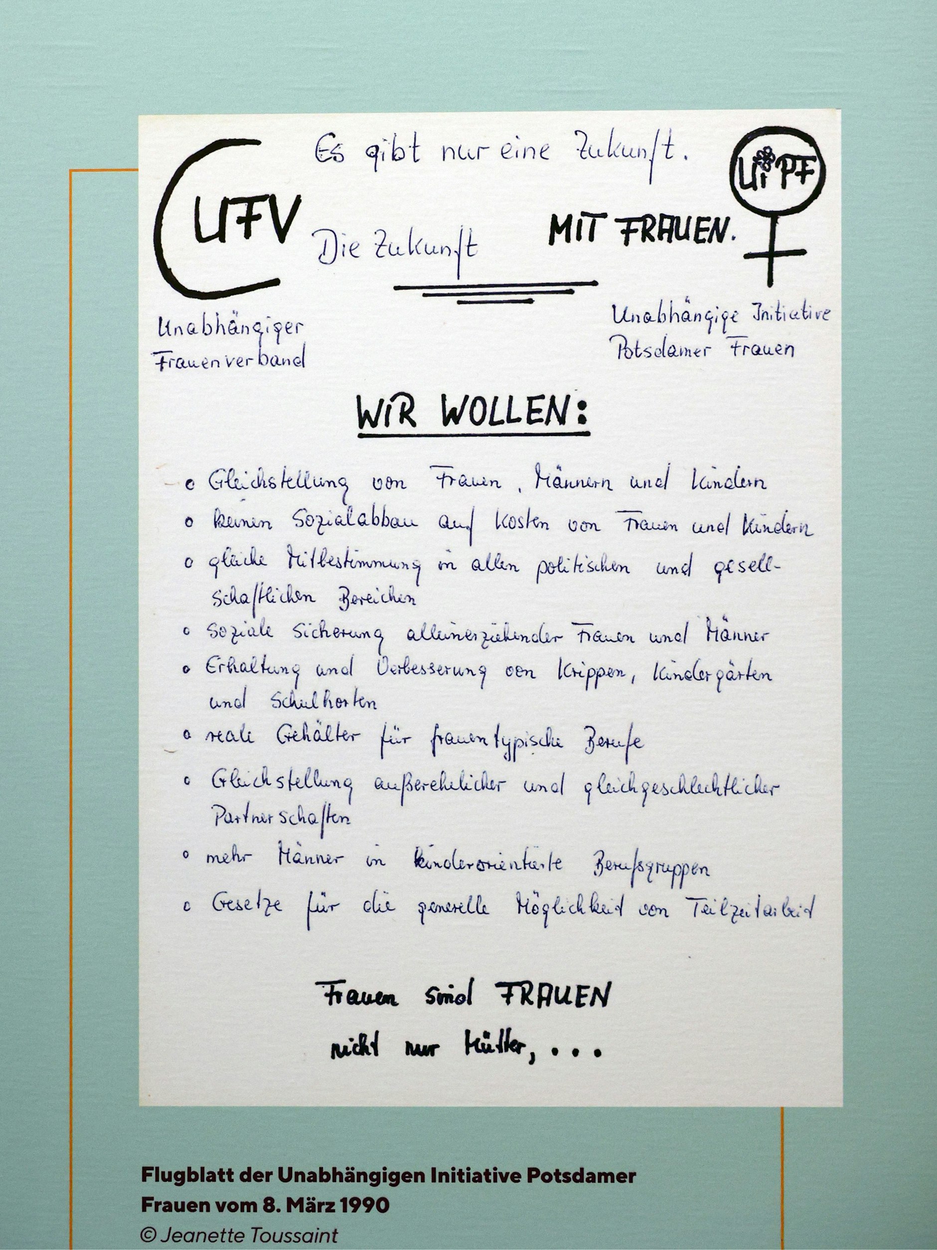 Kleines Flugblatt, große Forderungen: die Ziele der Unabhängigen Initiative Potsdamer Frauen aus dem Jahr 1990.