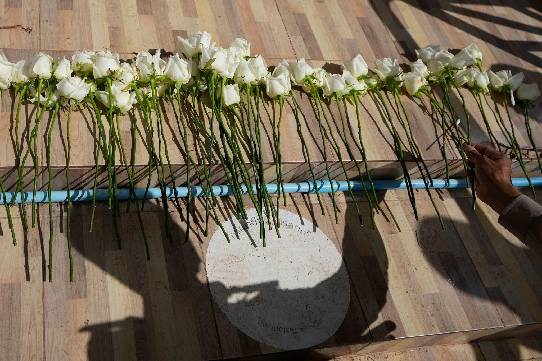 Niedergelegte weiße Rosen im Gedenken an die Opfer.  
