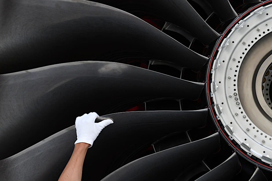 Dahlewitz (Brandenburg): Ein neuartiges Flugzeugtriebwerk vom Typ Rolls-Royce Trent XWB wird von einem Arbeiter in einer Montagehalle begutachtet. (Archiv)