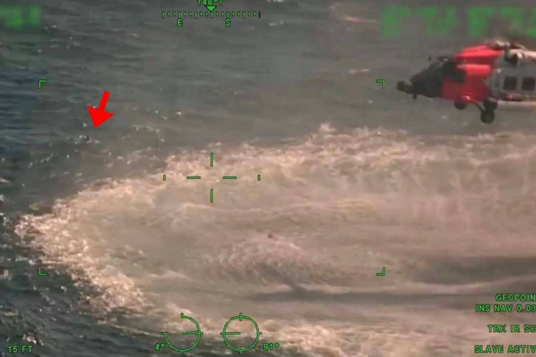 Der Pfeil zeigt die drei Männer um Wasser treibend, von Haien umrundet.