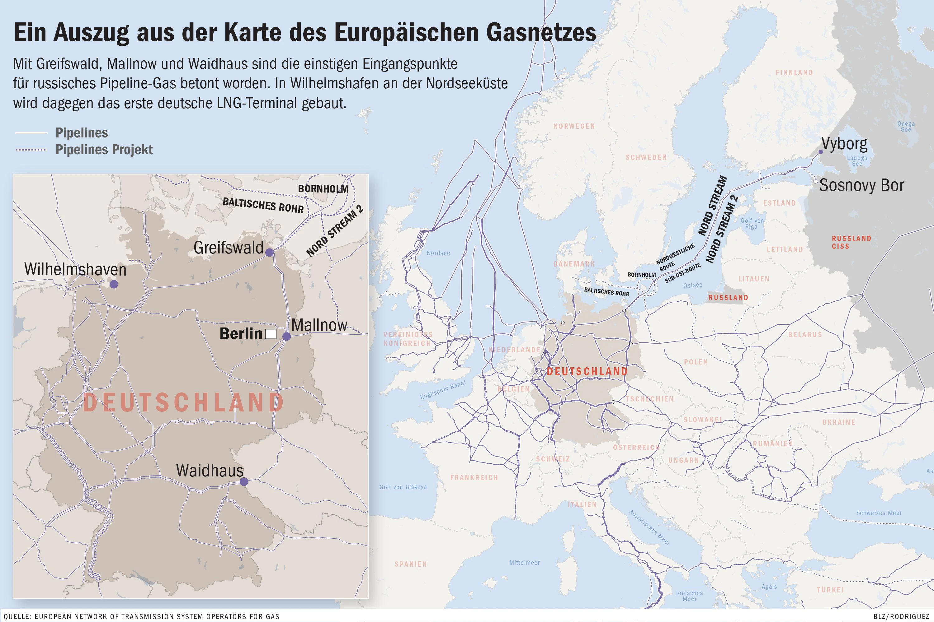 Ein Auszug aus der Karte des Europäischen Gasnetzes