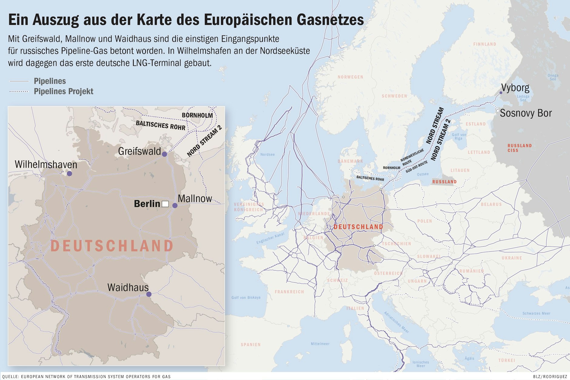 Ein Auszug aus der Karte des Europäischen Gasnetzes