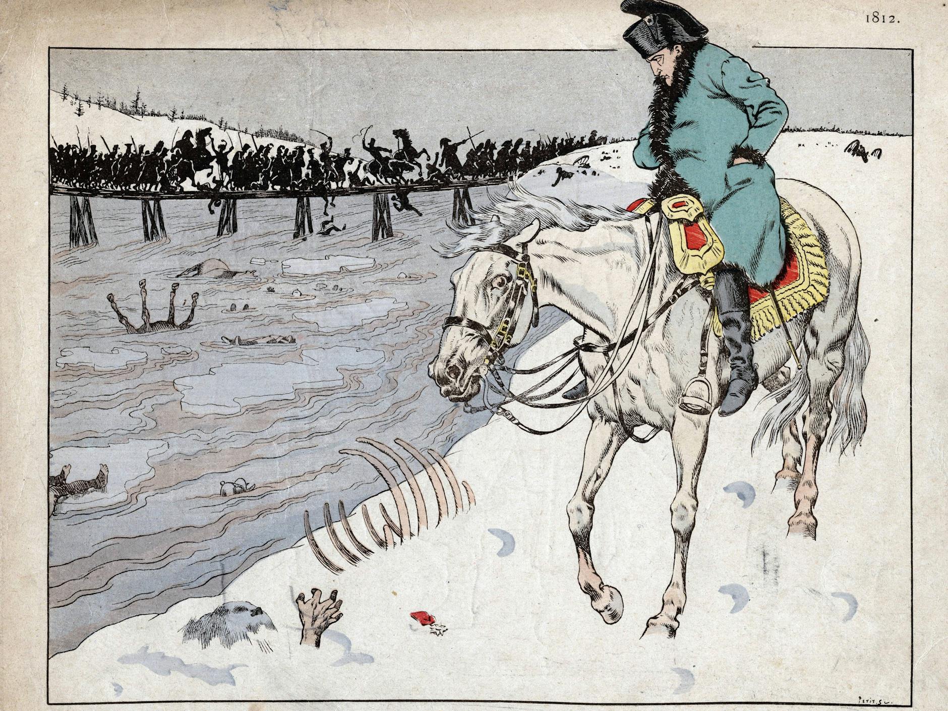 Napoleon beobachtet die Überreste seiner großen Armee bei der Überquerung des Flusses Beresina auf dem Rückzug aus Moskau 1812 – Lithografie von Job Jacques de Breville aus „Le Grand Napoleon de Petits Enfants“, 1893 (Datum geschätzt).