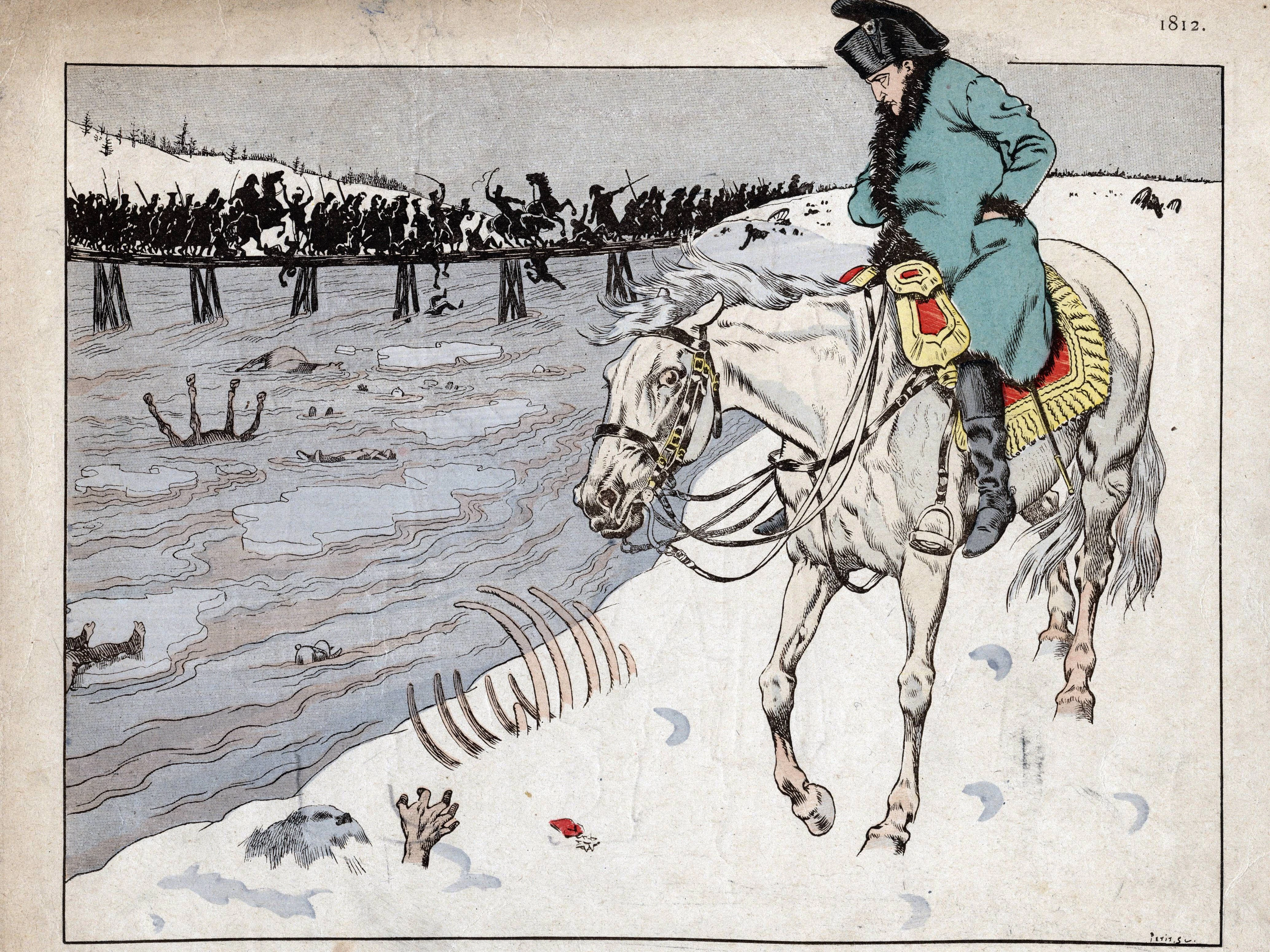 Napoleon beobachtet die Überreste seiner großen Armee bei der Überquerung des Flusses Beresina auf dem Rückzug aus Moskau 1812 – Lithografie von Job Jacques de Breville aus „Le Grand Napoleon de Petits Enfants“, 1893 (Datum geschätzt).