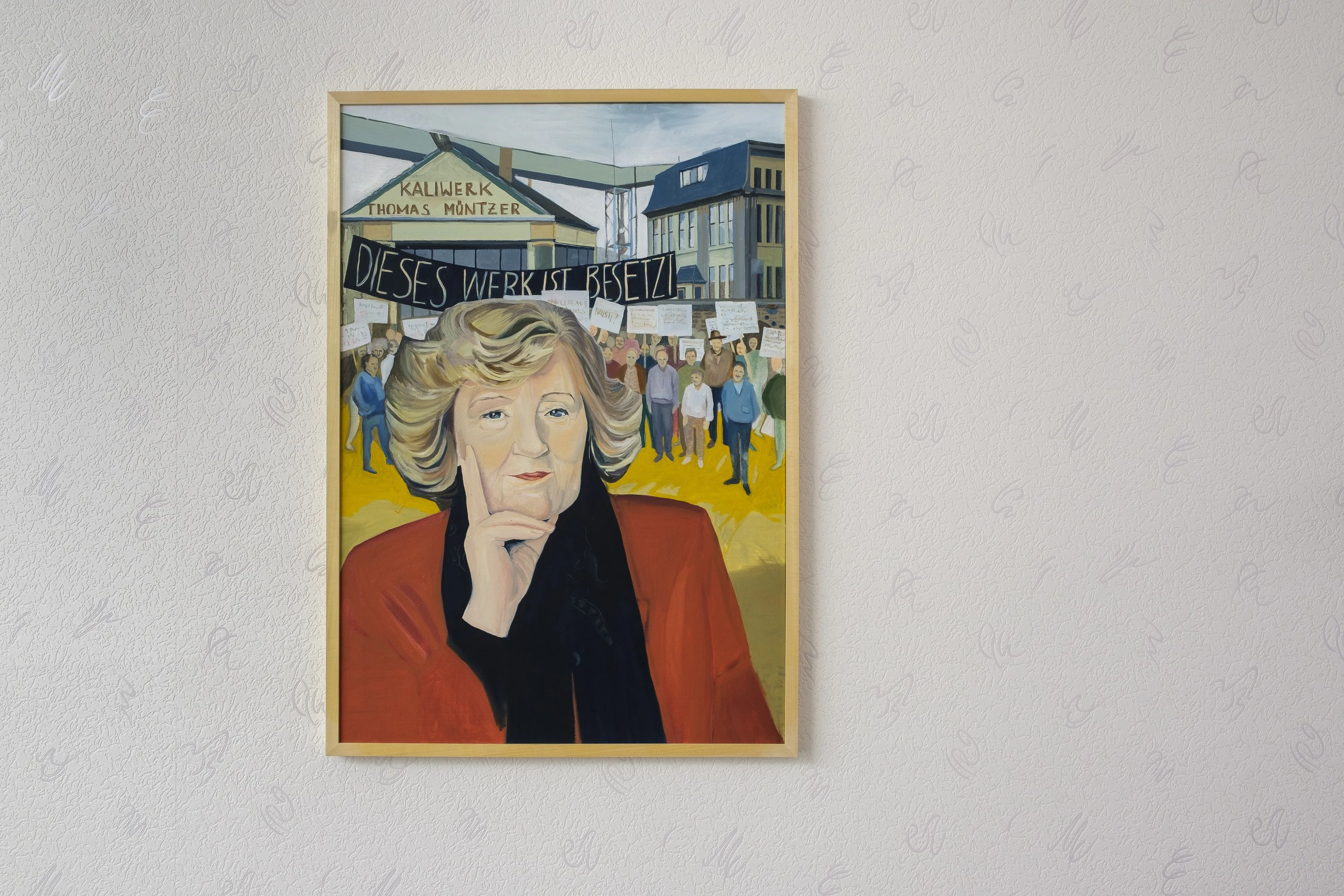 Henrike Naumann & Susanne Rische im neusachlich-naiven Malstil: „Dieses Werk ist besetzt“, 2019, ironisches Porträt der einstigen Treuhand-&nbsp;Präsidentin Birgit Breuel