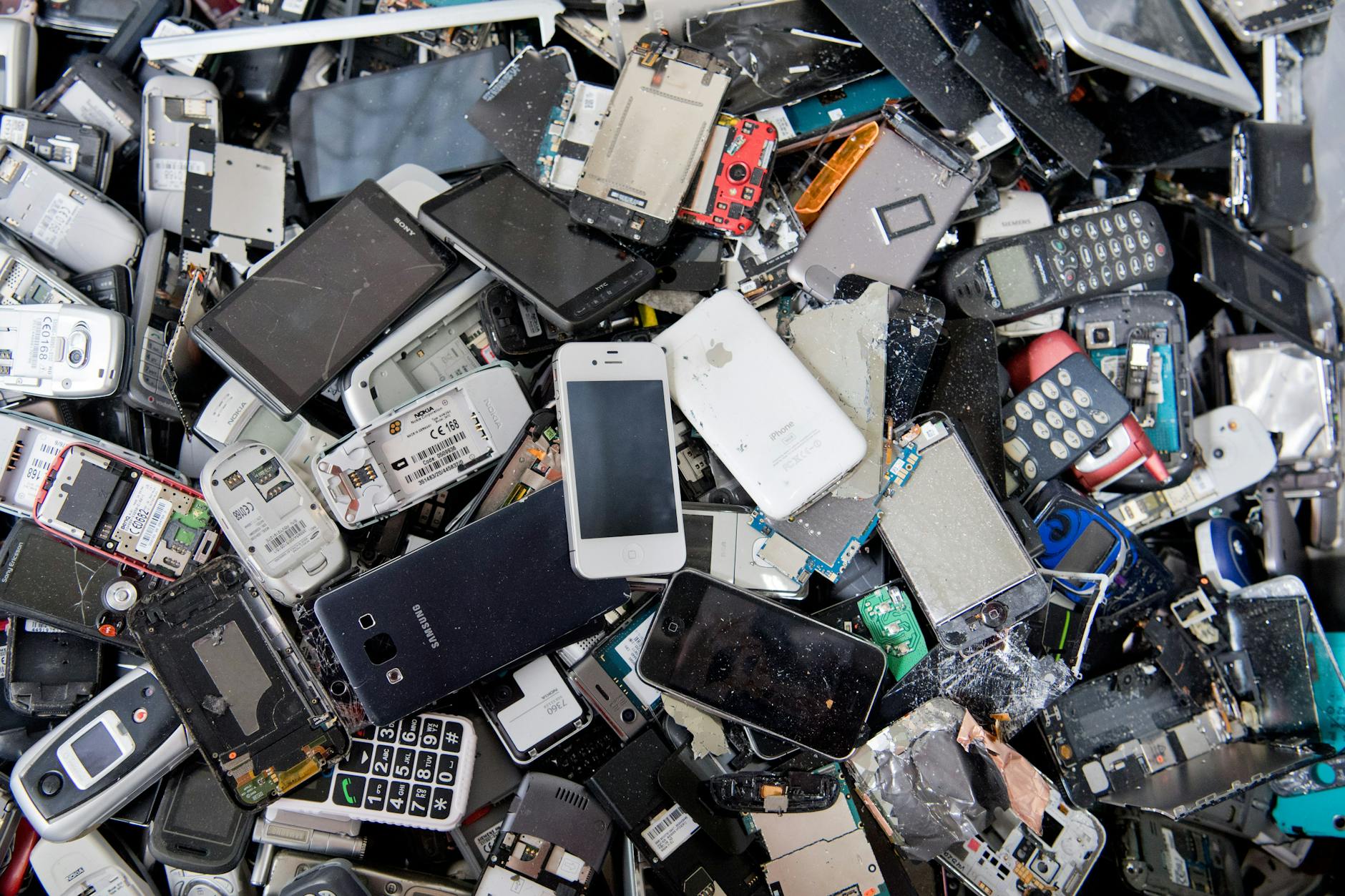 Alte Handys und Smartphones liegen in einem Container, ehe sie geschreddert werden. Von den rund 16 Milliarden Mobiltelefonen weltweit werden nach Schätzungen in diesem Jahr etwa 5,3 Milliarden zu Abfall. 