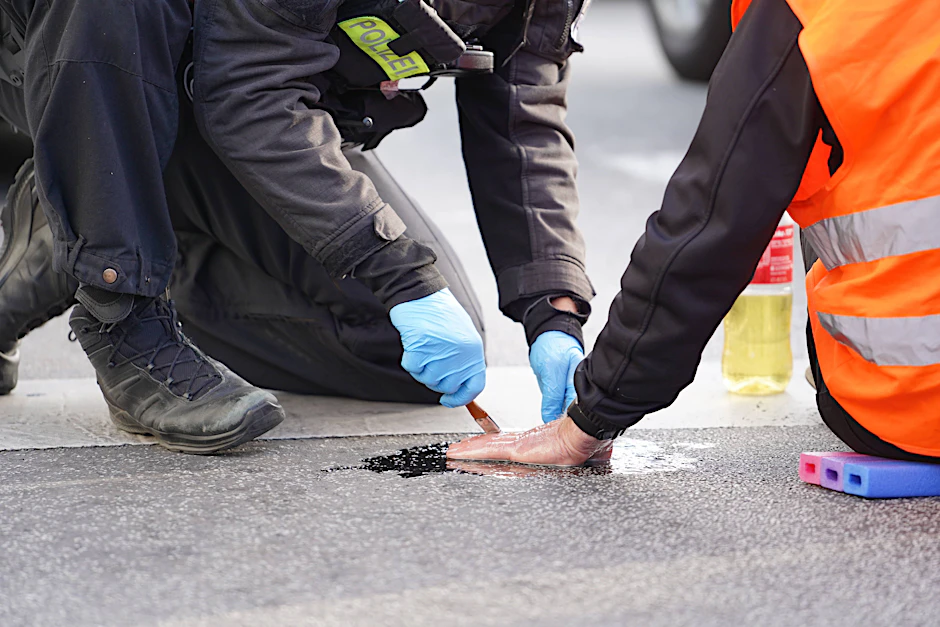 Polizeibeamter löst die festgeklebten Hände eines Aktivisten mit Speiseöl von der Straße.