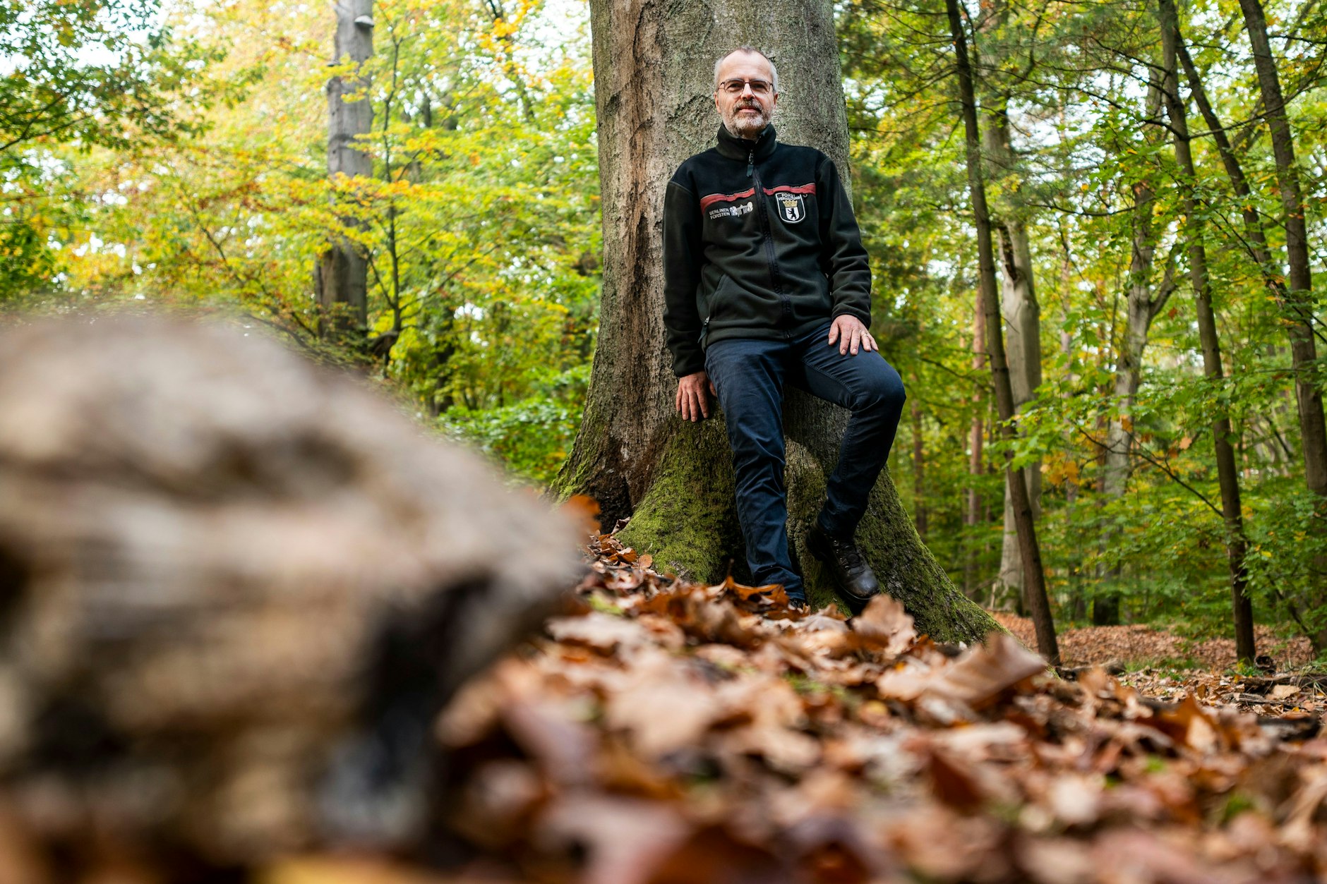 Förster Marc Franusch am Fuße seines Lieblingsbaums in einem Wald in Hermsdorf.