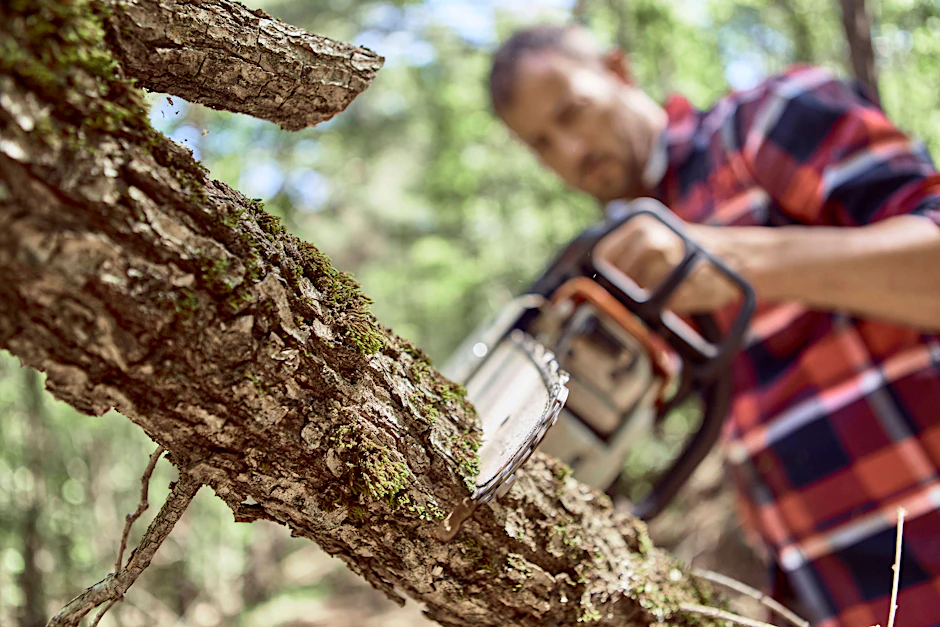Woodsman cutting tree branch with chainsaw in forest model released Symbolfoto VEGF02775
