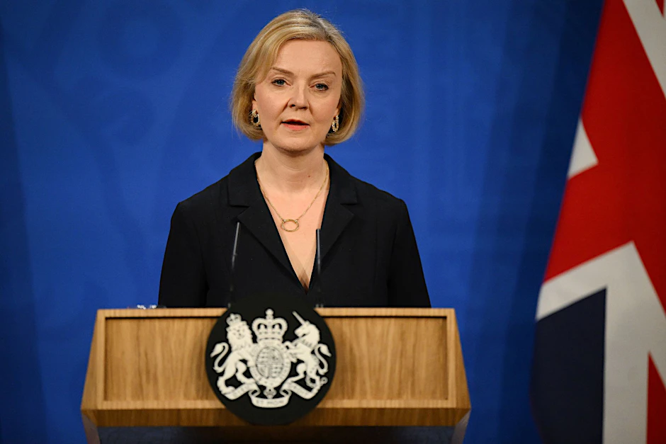 Liz Truss, Premierministerin von Großbritannien, während einer Pressekonferenz in der Downing Street.