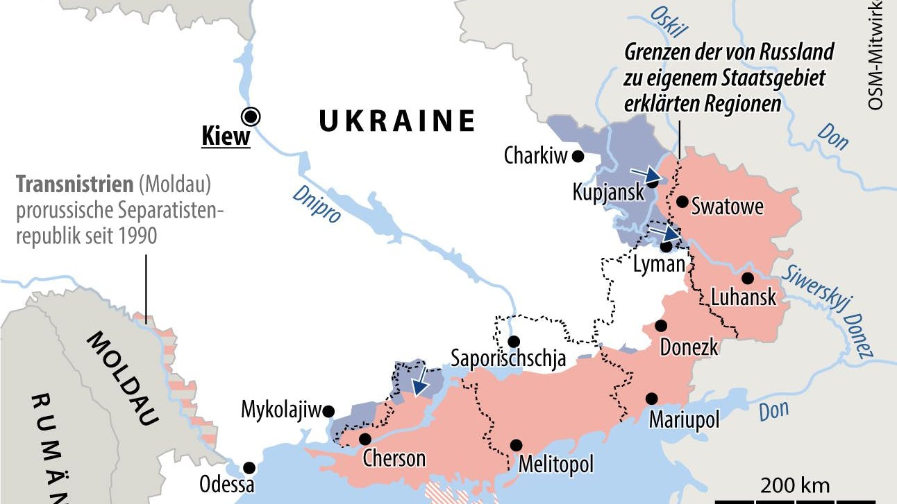 Cherson liegt am Fluss Dnipro. Russische Soldaten sind in der Region eingeschlossen. 