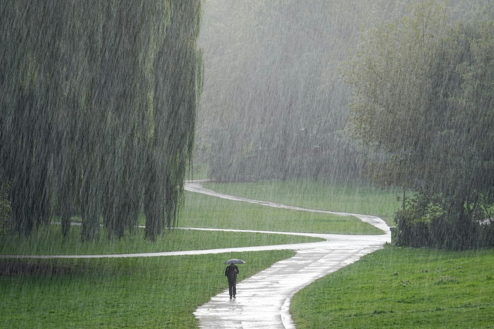 Ein Passant geht im strömenden Regen durch einen Park in Berlin.