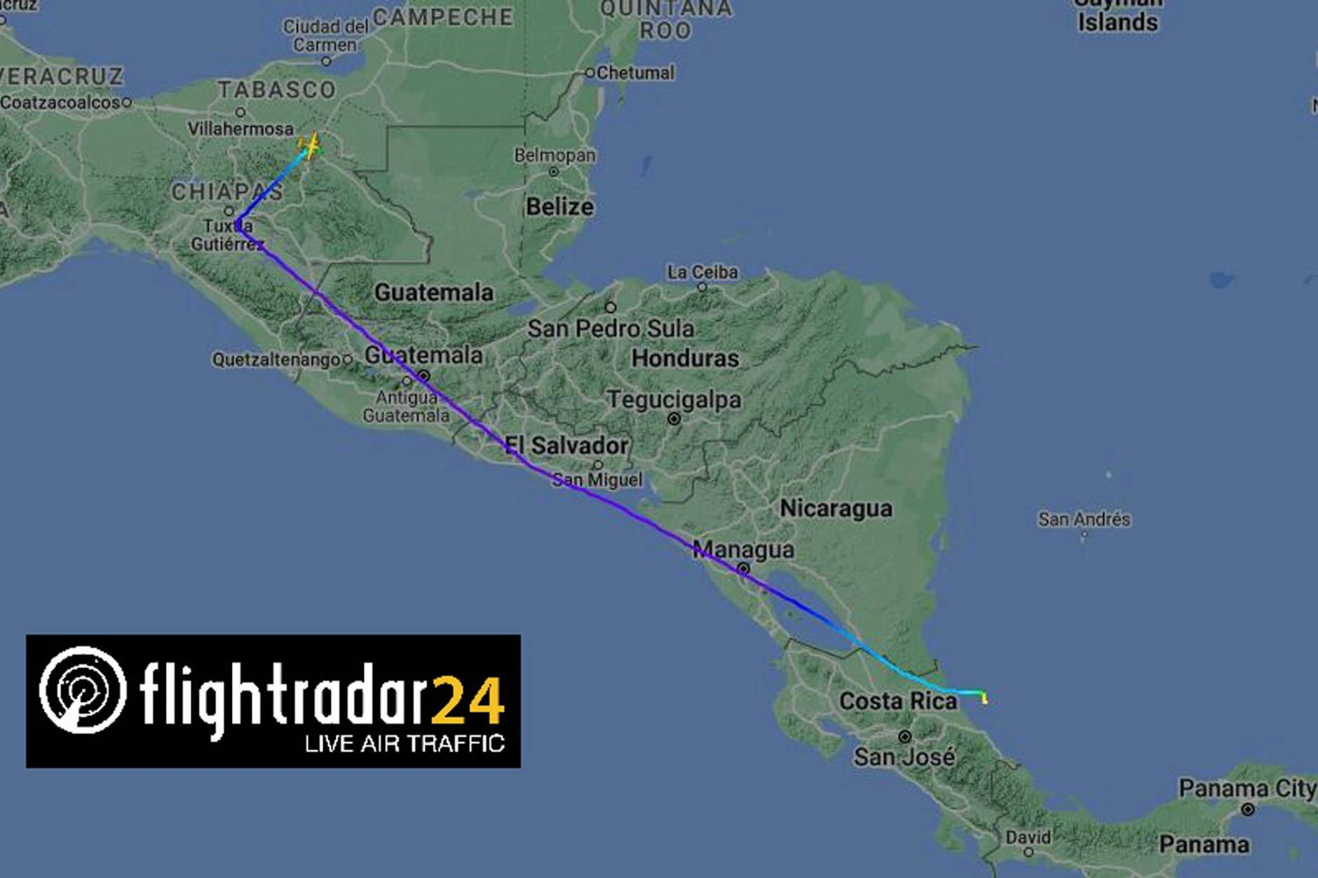 Die Grafik zeigt den Flug des Kleinflugzeugs von Mexiko nach Puerto Limón an der Karibikküste von Costa Rica, wo plötzlich der Funkkontakt abbrach.