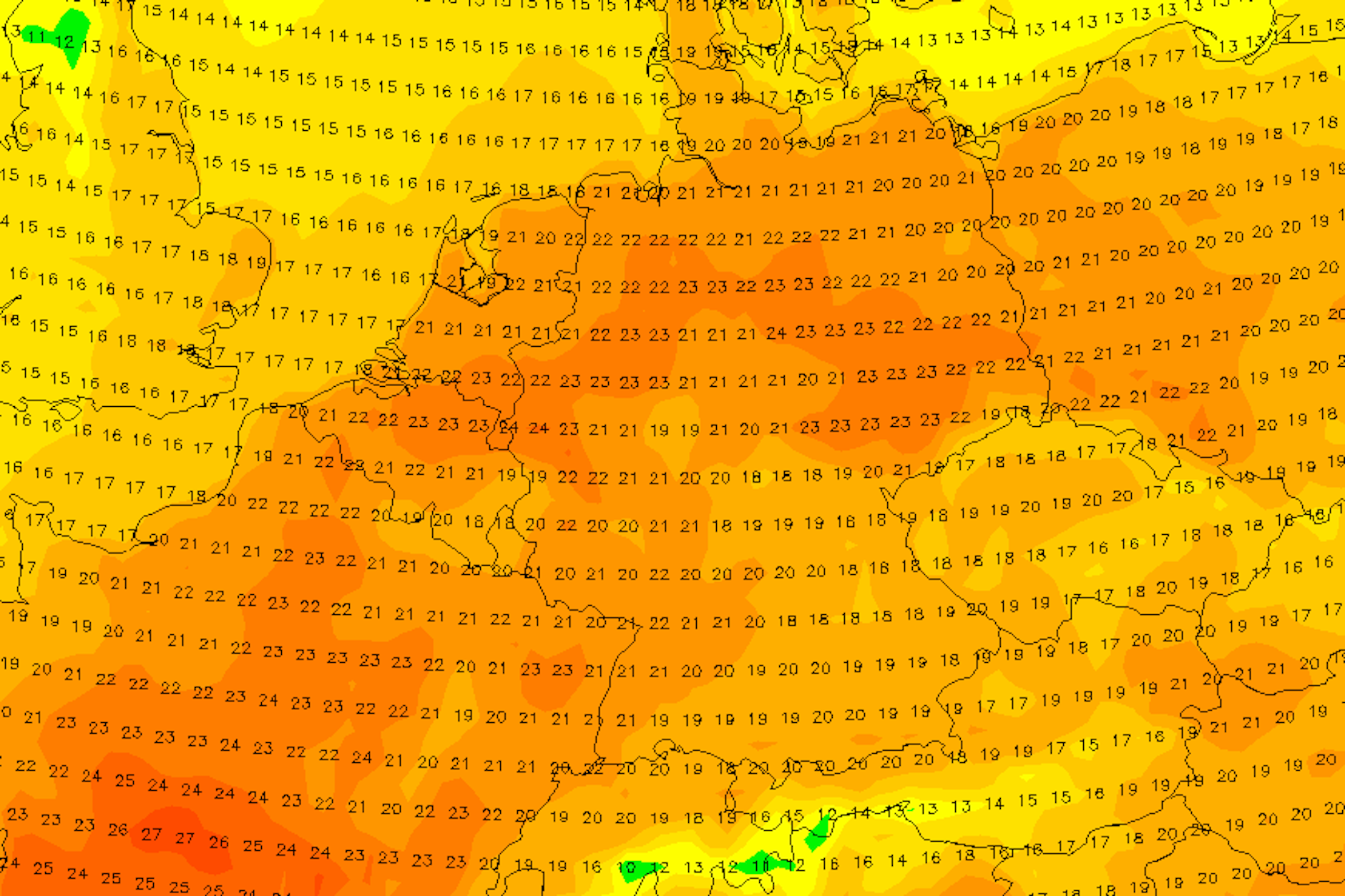 Die Wetterkarte zeigt die Temperatur-Werte am Montag - das sieht beinahe nach Sommerwetter aus. Und auch im Laufe der Woche bleibt das Wetter sehr, sehr mild.
