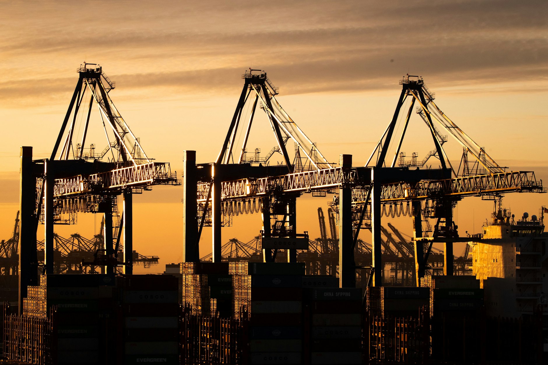 Ein Containerschiff der China Ocean Shipping Company (COSCO) wird am Containerterminal Tollerort der Hamburger Hafen und Logistik AG (HHLA) entladen.&nbsp;Offenbar darf sich Cosco nun doch an einem Container-Terminal in Hamburg beteiligen.&nbsp;