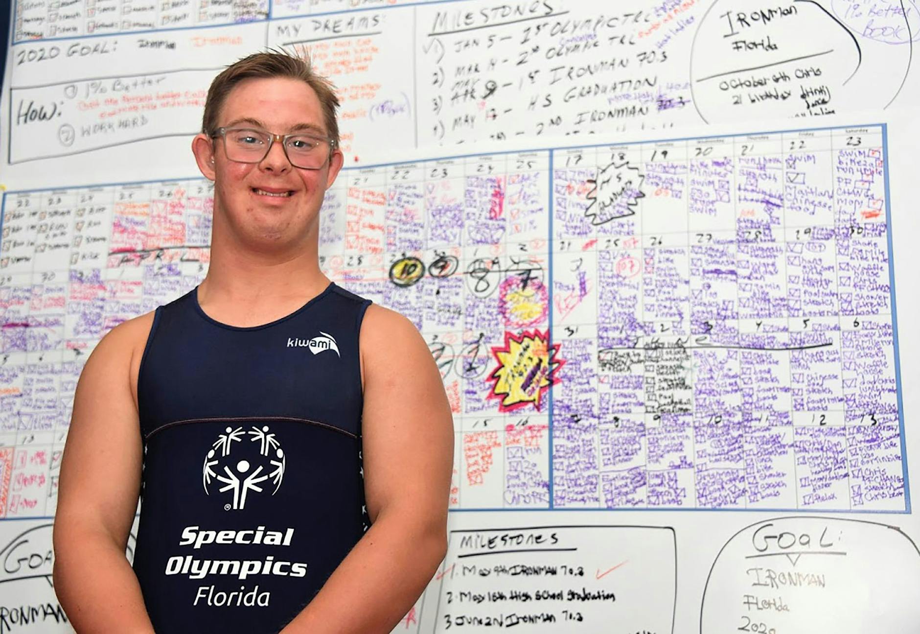 ARCHIV - Triathlet Chris Nikic steht in seinem Zimmer vor einer Tafel, auf der er seine Traingseinheiten notiert hat.