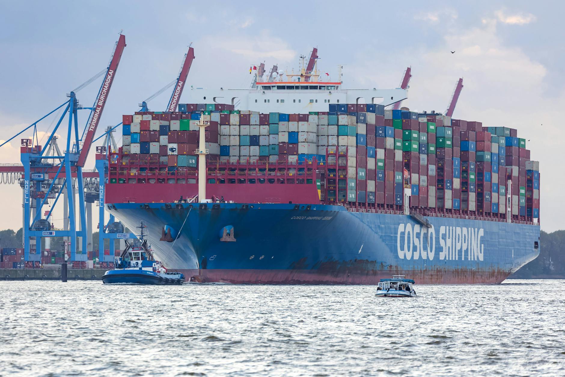 Das Containerschiff Cosco Shipping Gemini kommt in Hamburg an. 