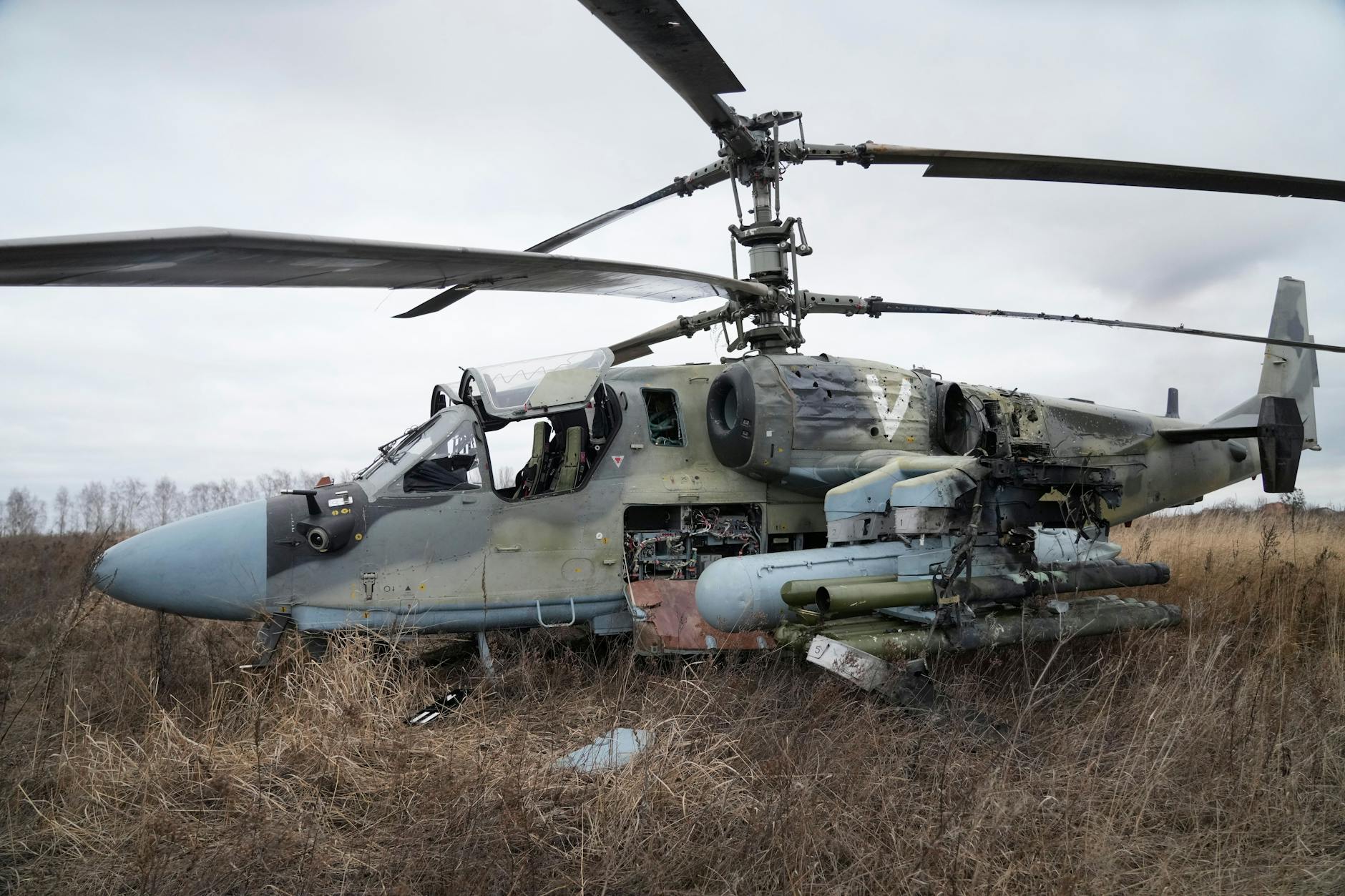 Kiew: Ein russischer Ka-52-Kampfhubschrauber steht nach einer Notlandung außerhalb der ukrainischen Hauptstadt auf einem Feld.