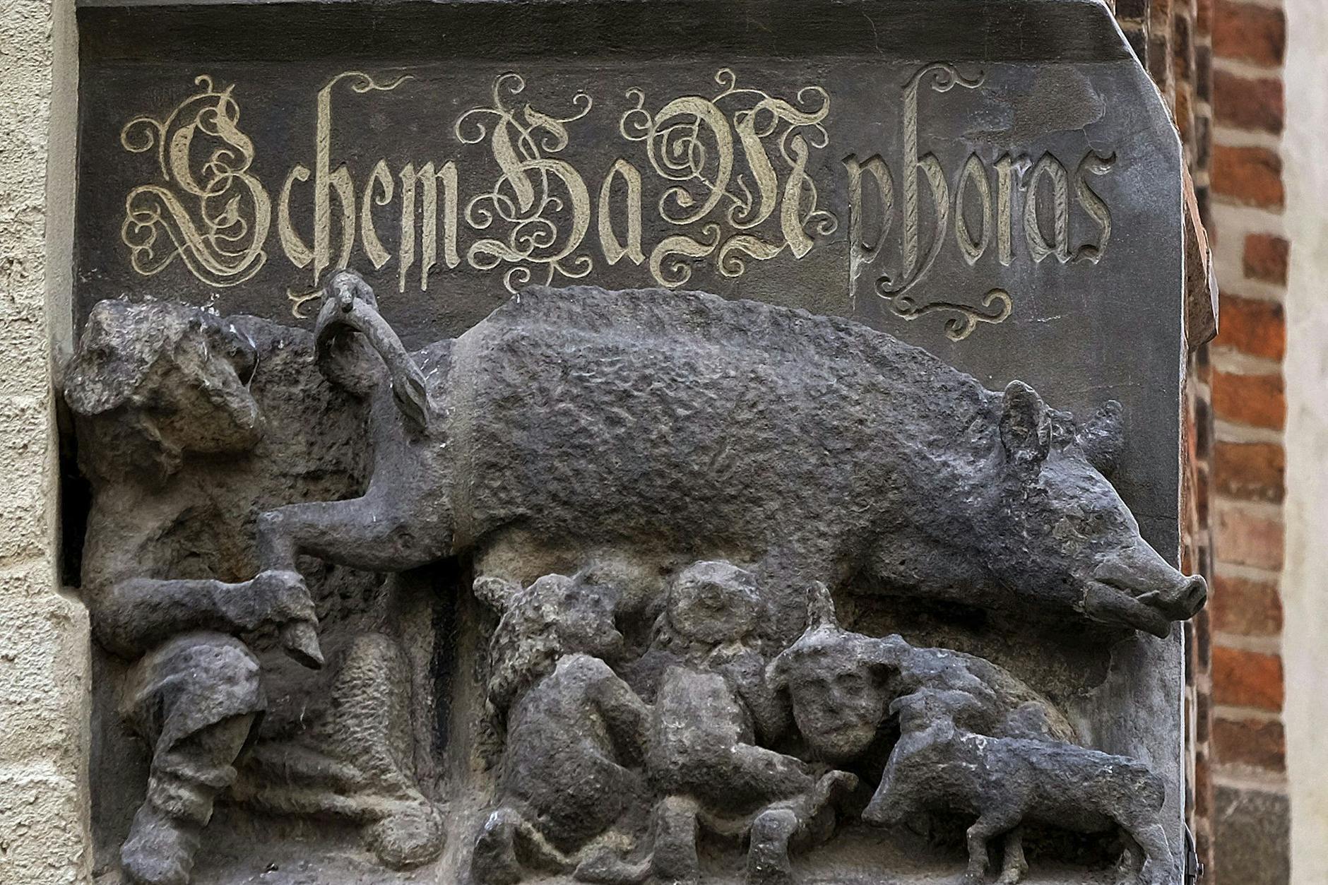 Die judenfeindliche Schmähplastik an der Stadtkirche von Wittenberg.