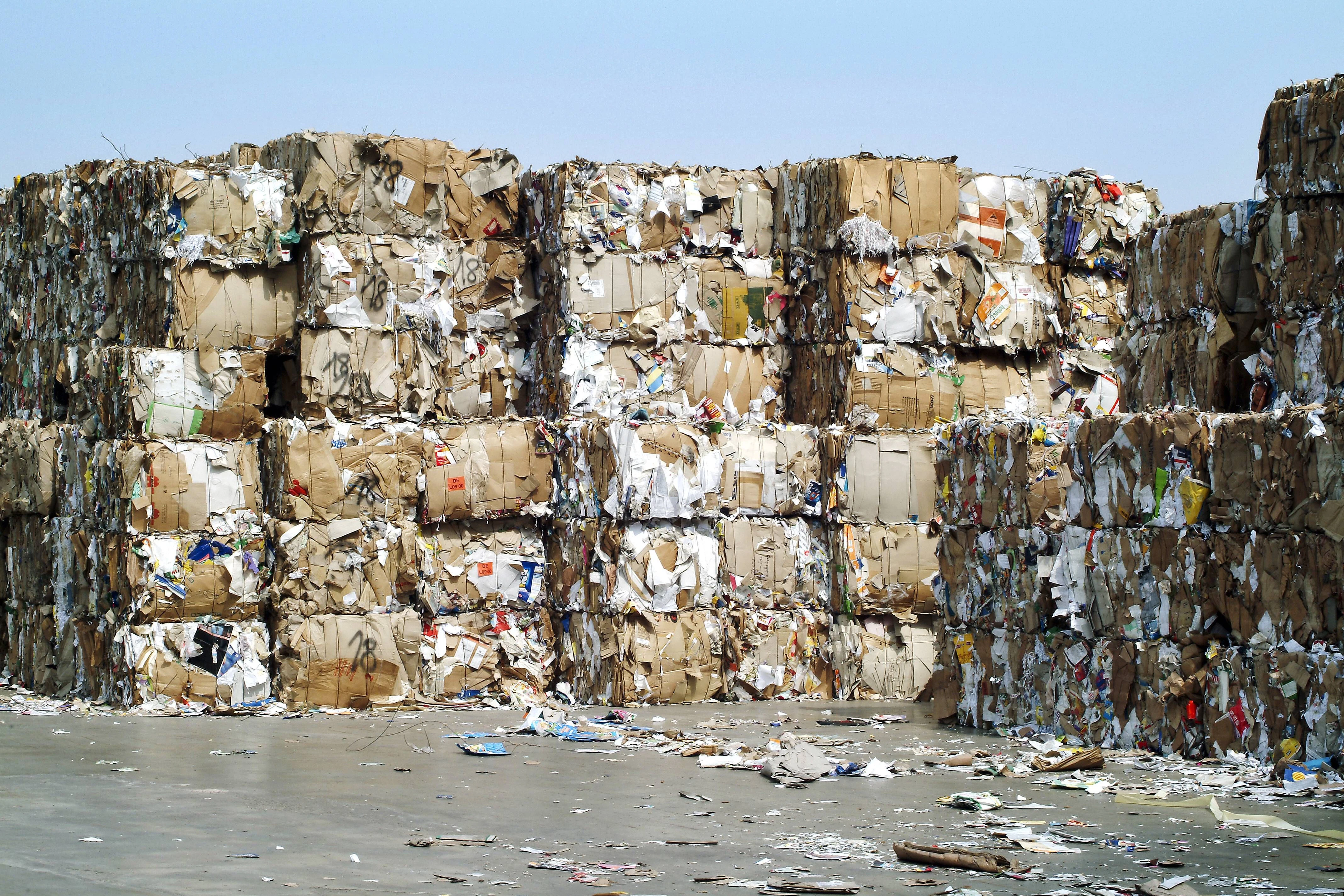 Berge voller gebündeltem Altpapier auf dem Recyclinghof.