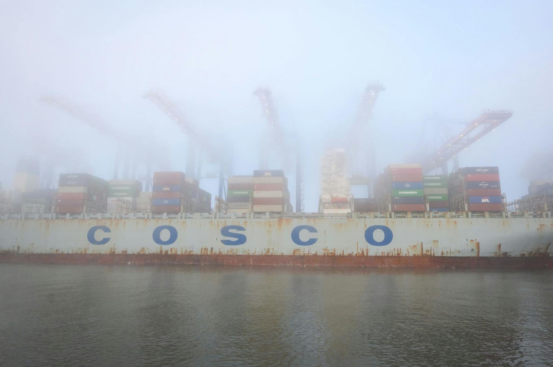 dpatopbilder - Das Containerschiff «Cosco Pride» liegt im dichten Nebel am Containerterminal Tollerort im Hamburger Hafen.